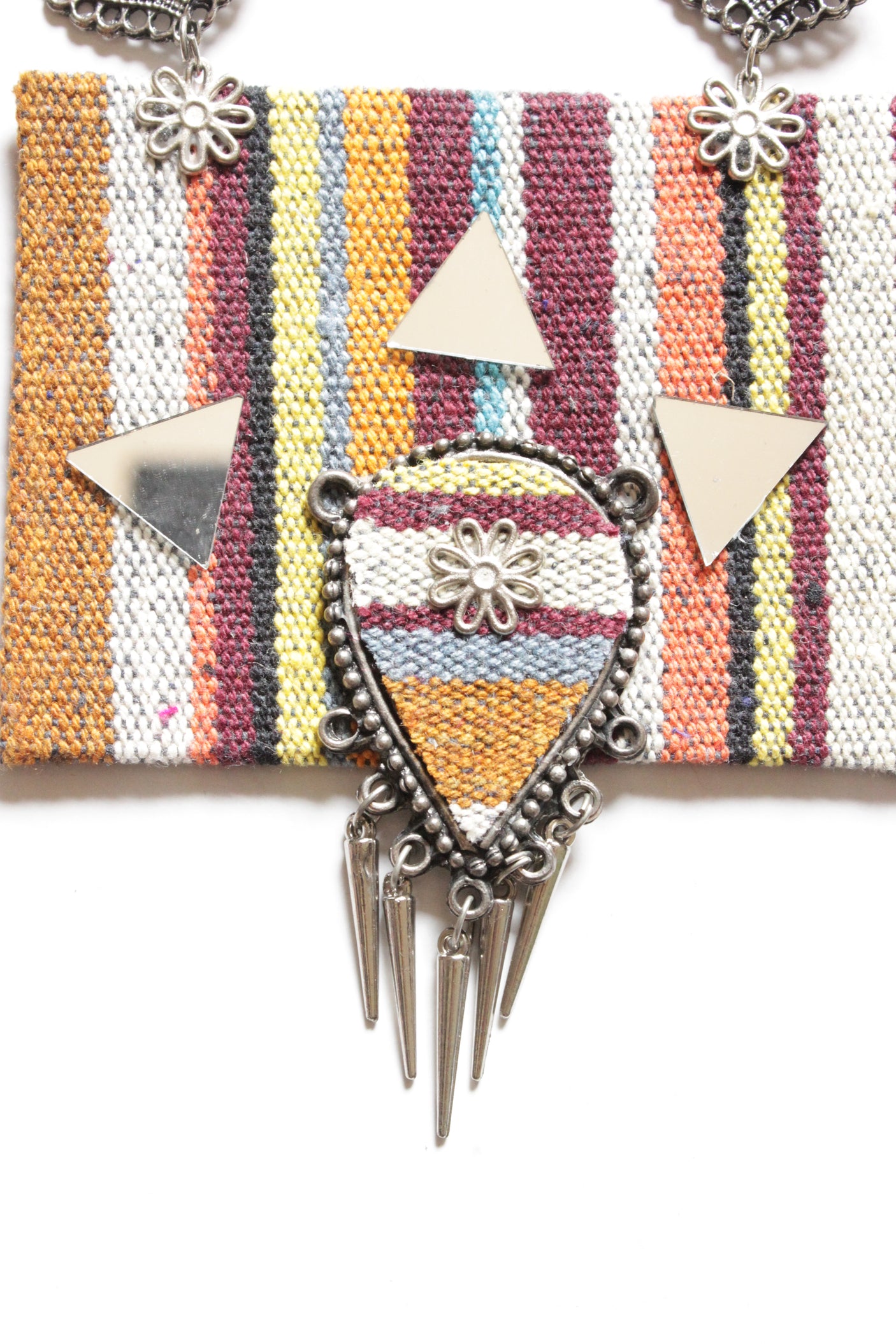 Jute Tribal Fabric Necklace Set Embellished with Oxidised Silver Metal Charms and Mirrors