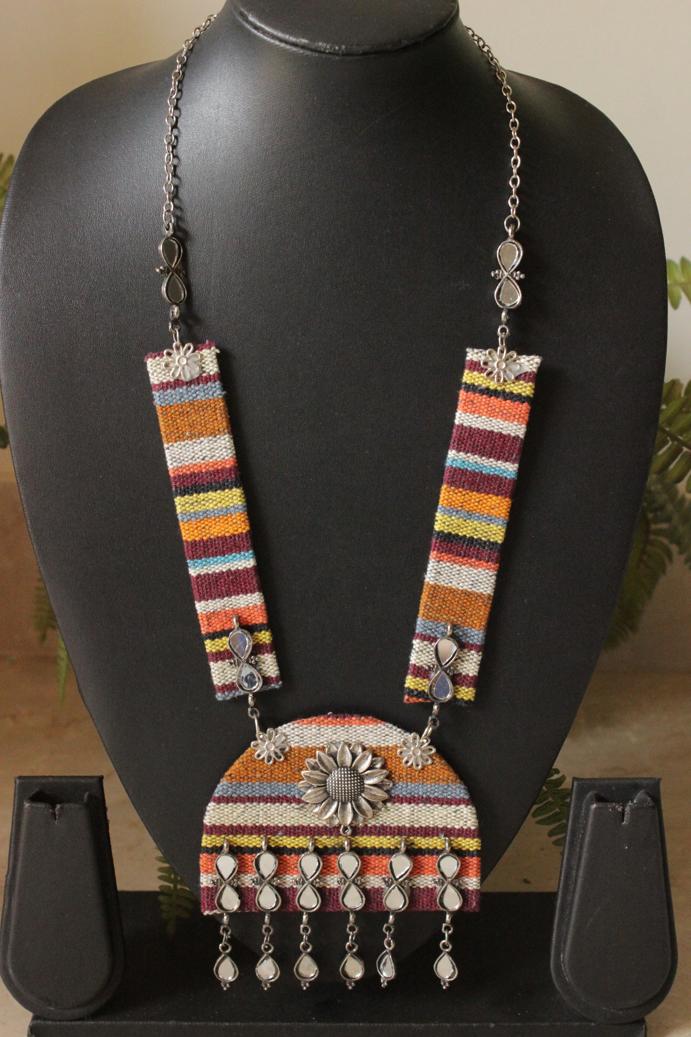 Jute Tribal Fabric Long Necklace Embellished with Oxidised Silver Metal Charms and Mirrors