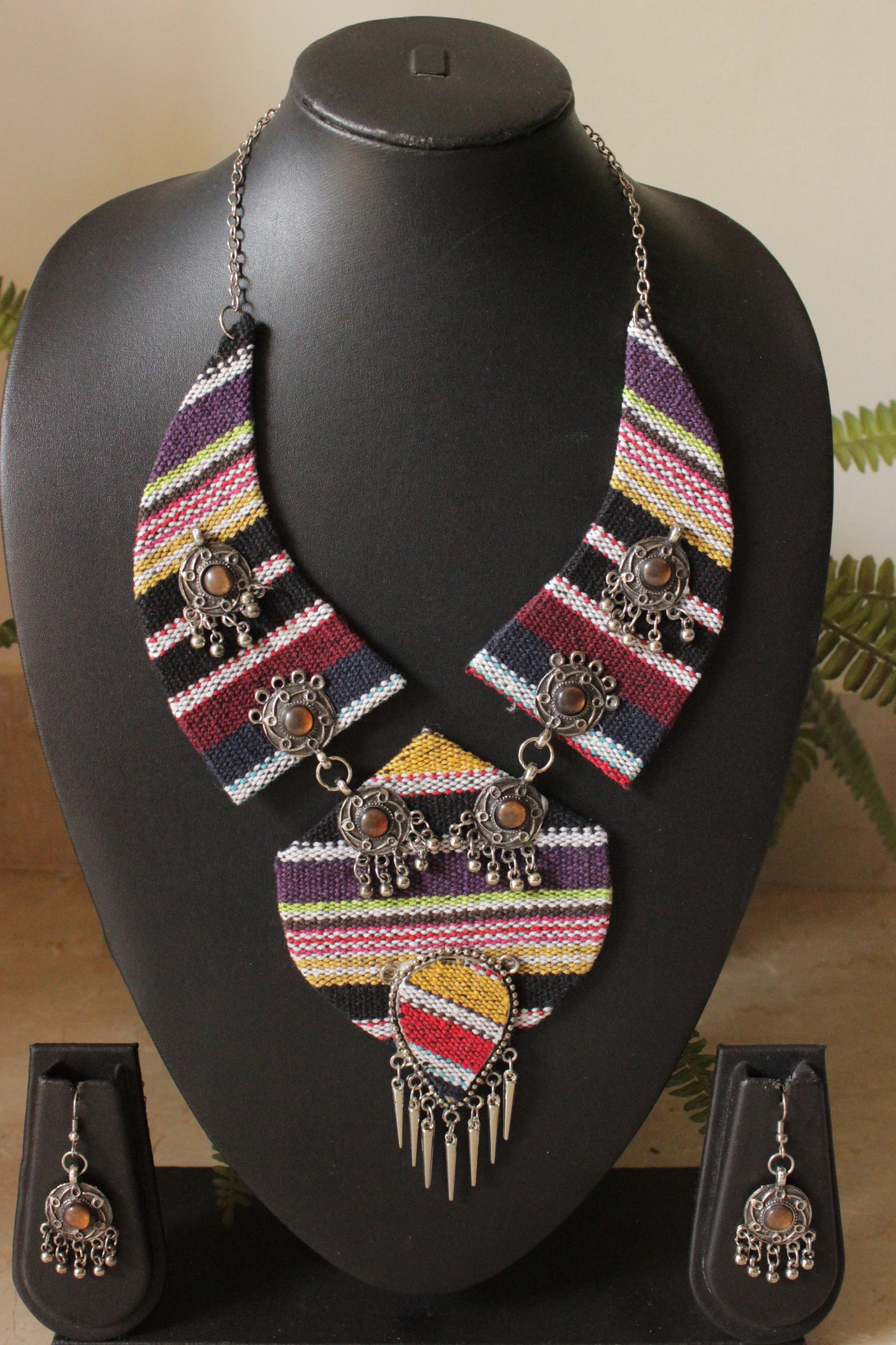 Jute Tribal Fabric Necklace Set Embellished with Oxidised Silver Metal Charms