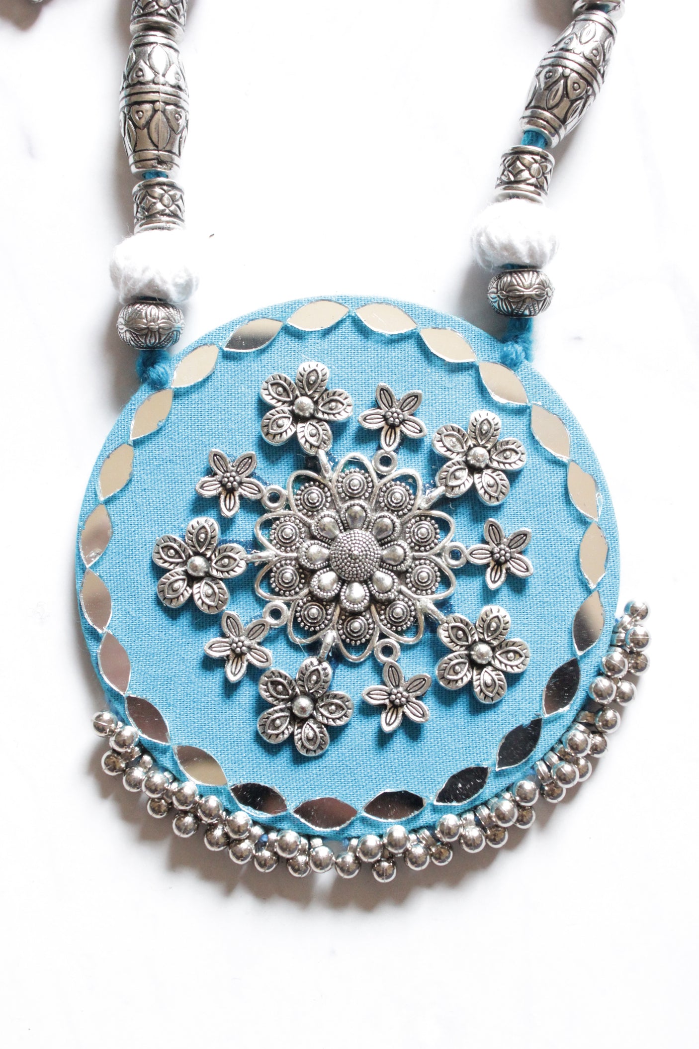 Mirror Work and Flower Metal Accents Embellished Blue Fabric Necklace Set