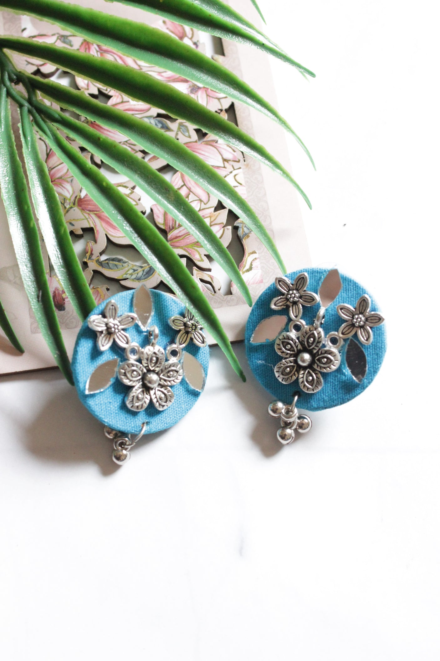 Mirror Work and Flower Metal Accents Embellished Blue Fabric Necklace Set