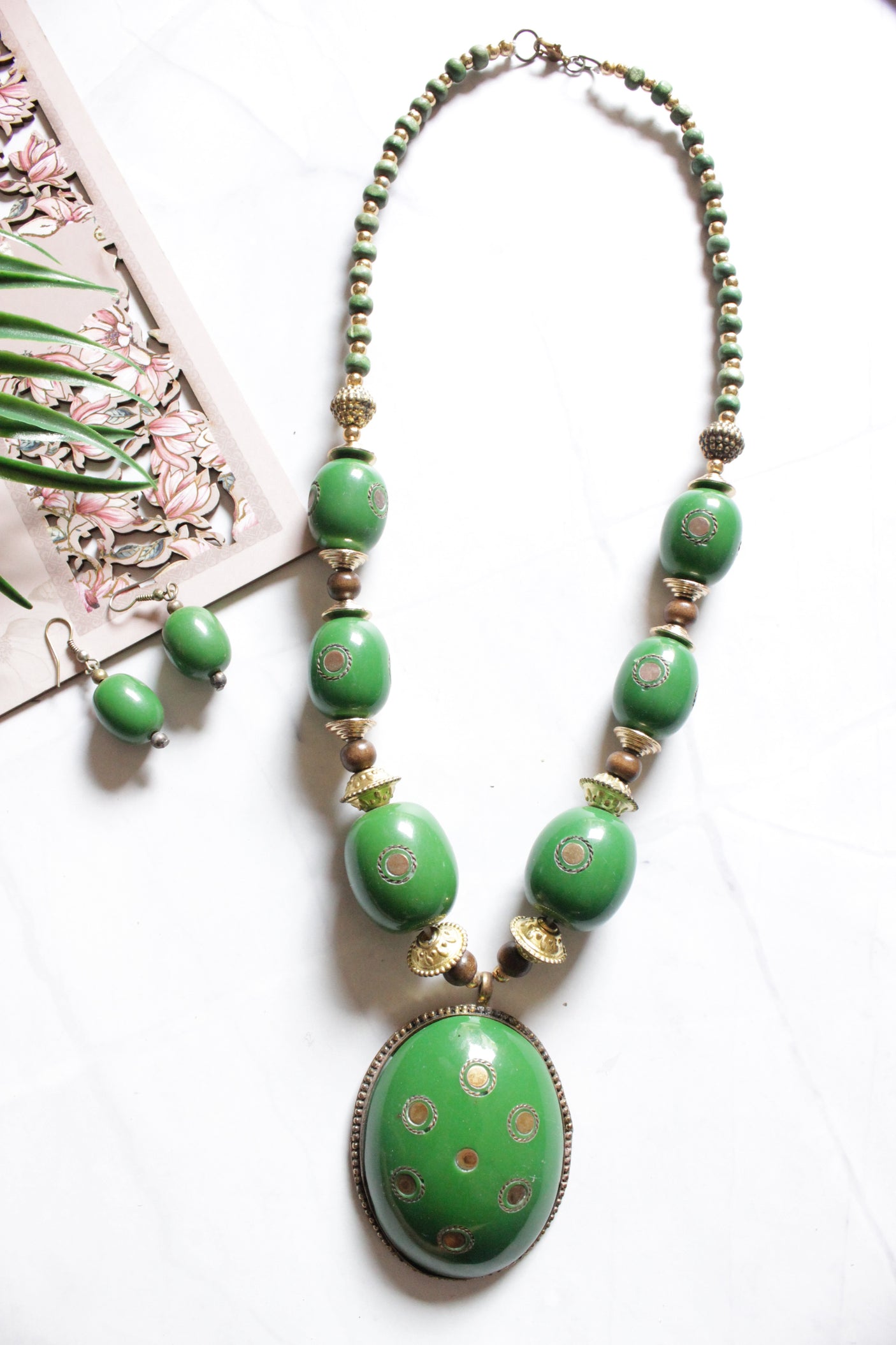 Green Wooden Beads Detailed with Gold Metal Accents Handmade Necklace Set