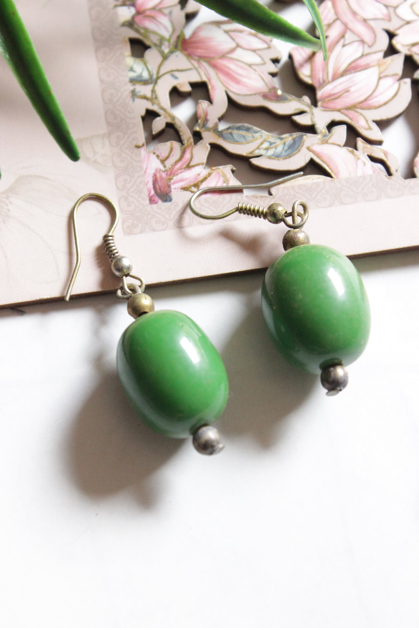 Green Wooden Beads Detailed with Gold Metal Accents Handmade Necklace Set