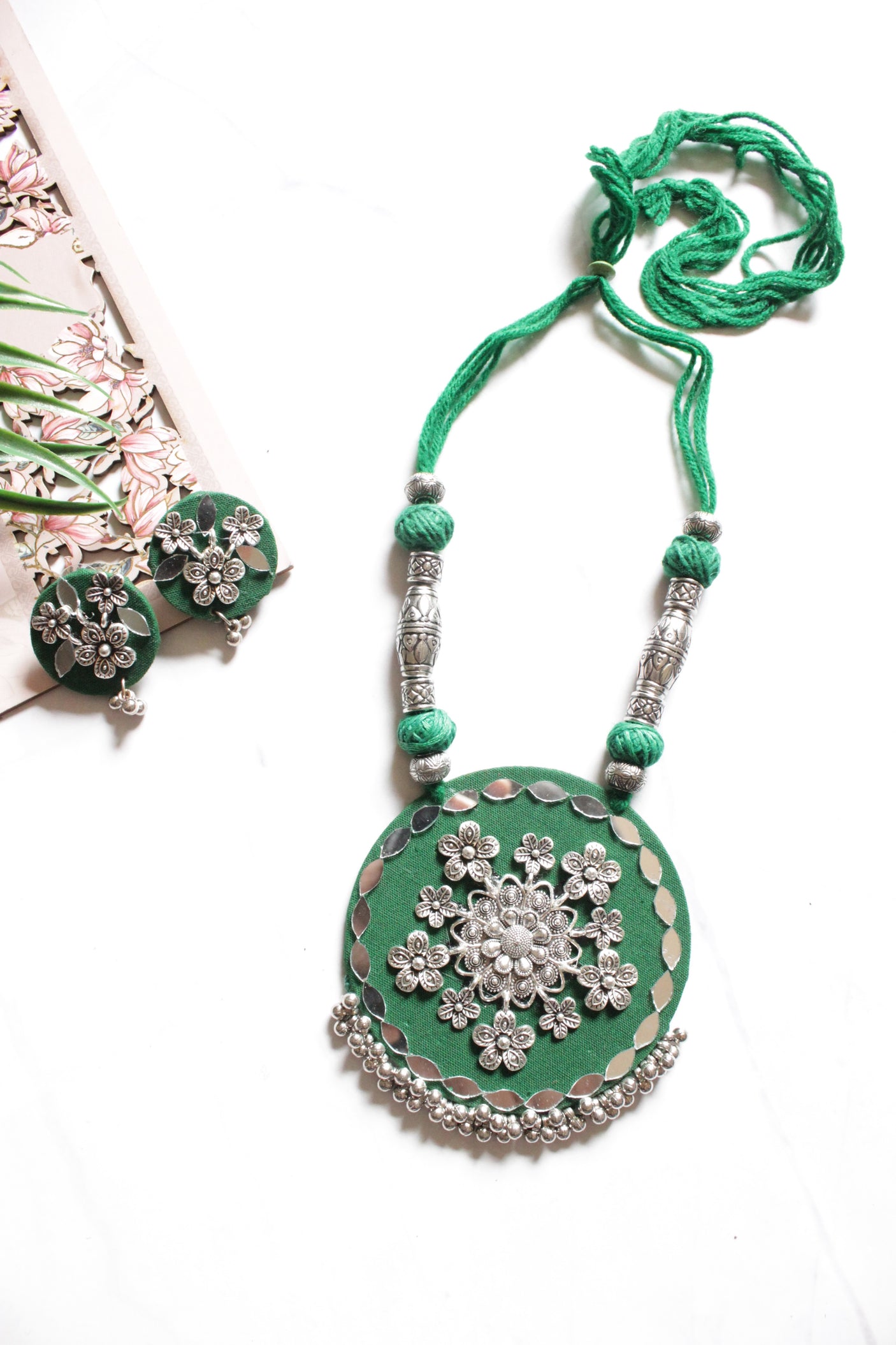 Mirror Work and Flower Metal Accents Embellished Green Fabric Necklace Set