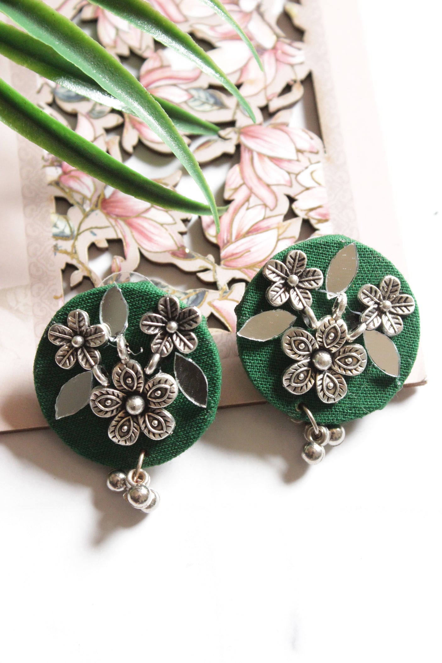 Mirror Work and Flower Metal Accents Embellished Green Fabric Necklace Set