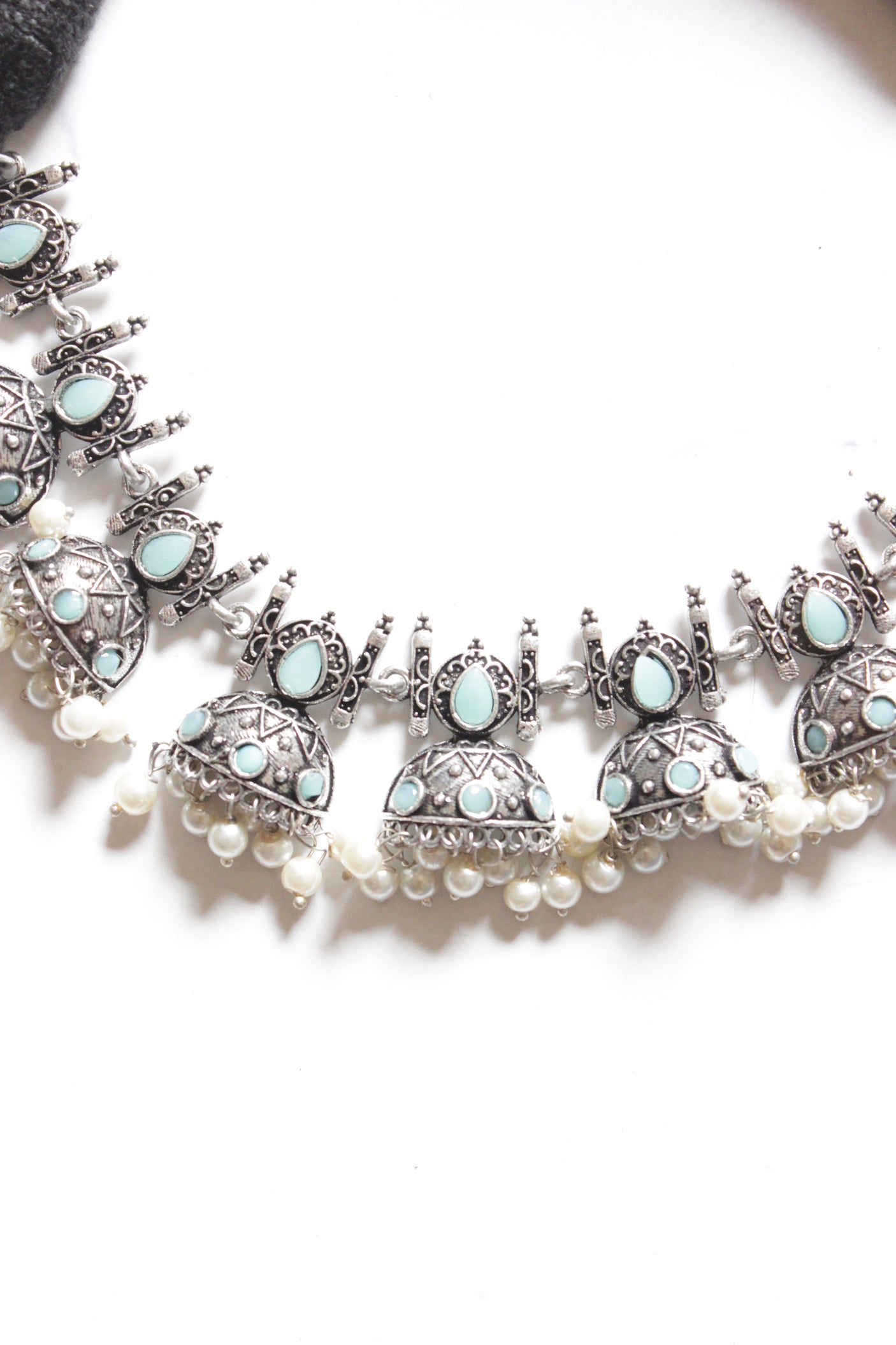 Oxidised Finish Choker Necklace Set Embedded with Turquoise Stones and Jhumka Earrings