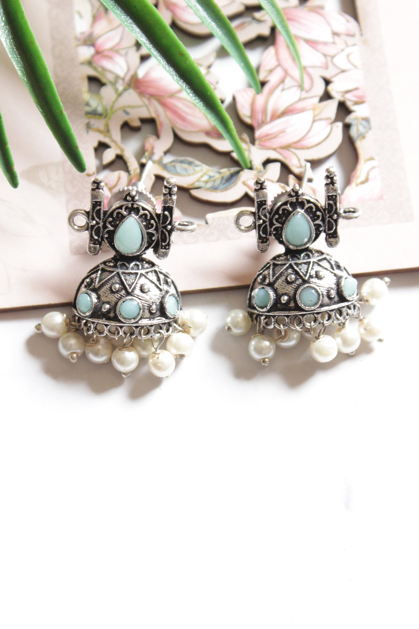 Oxidised Finish Choker Necklace Set Embedded with Turquoise Stones and Jhumka Earrings