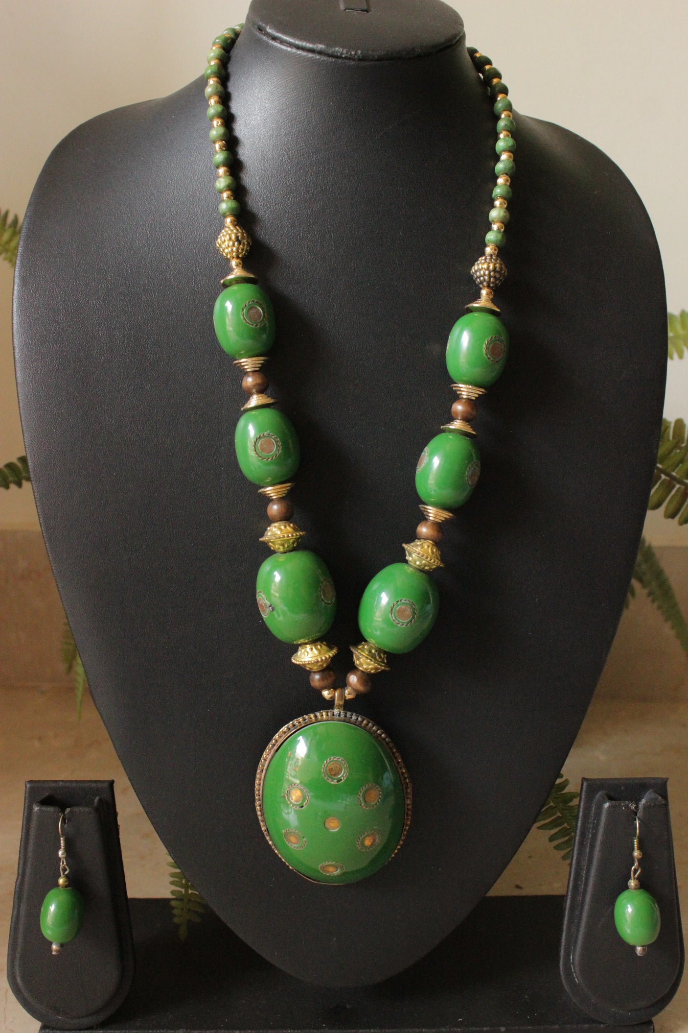 Green Wooden Beads Detailed with Gold Metal Accents Handmade Necklace Set