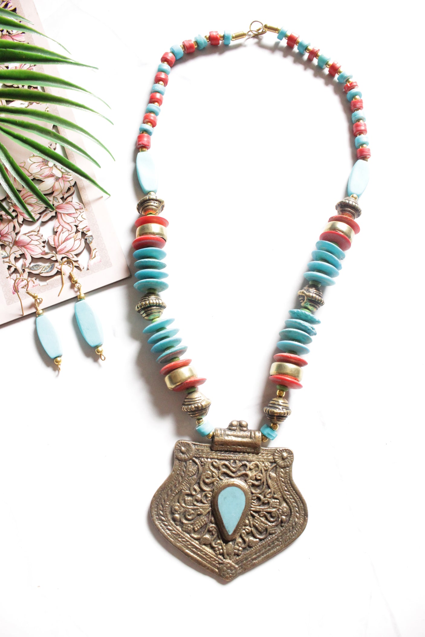 Bronze Finish Tribal Pendant Necklace Set with Blue and Red Braided Beads
