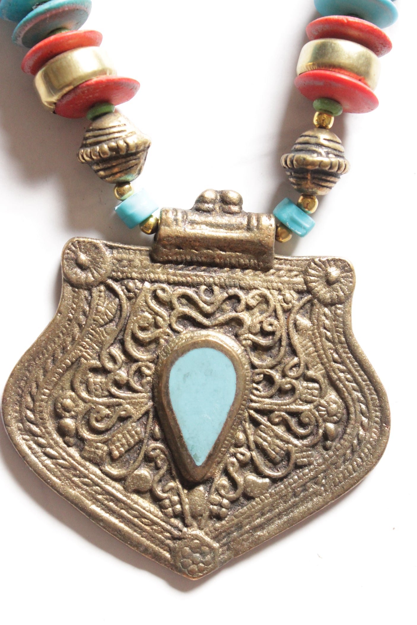 Bronze Finish Tribal Pendant Necklace Set with Blue and Red Braided Beads