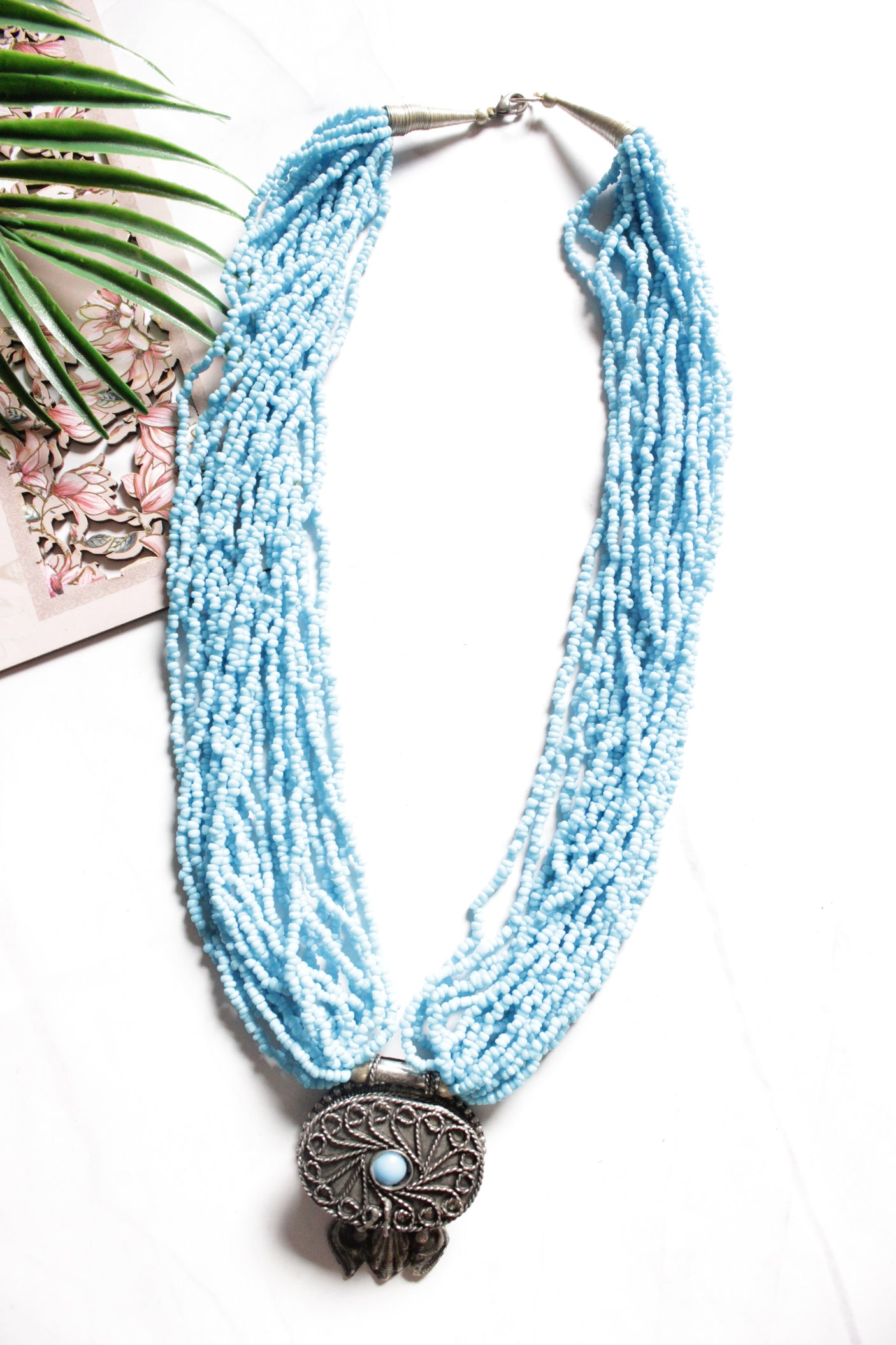 Blue Beads Hand Braided Multi Layer Necklace with Oxidised Finish Tribal Pendant