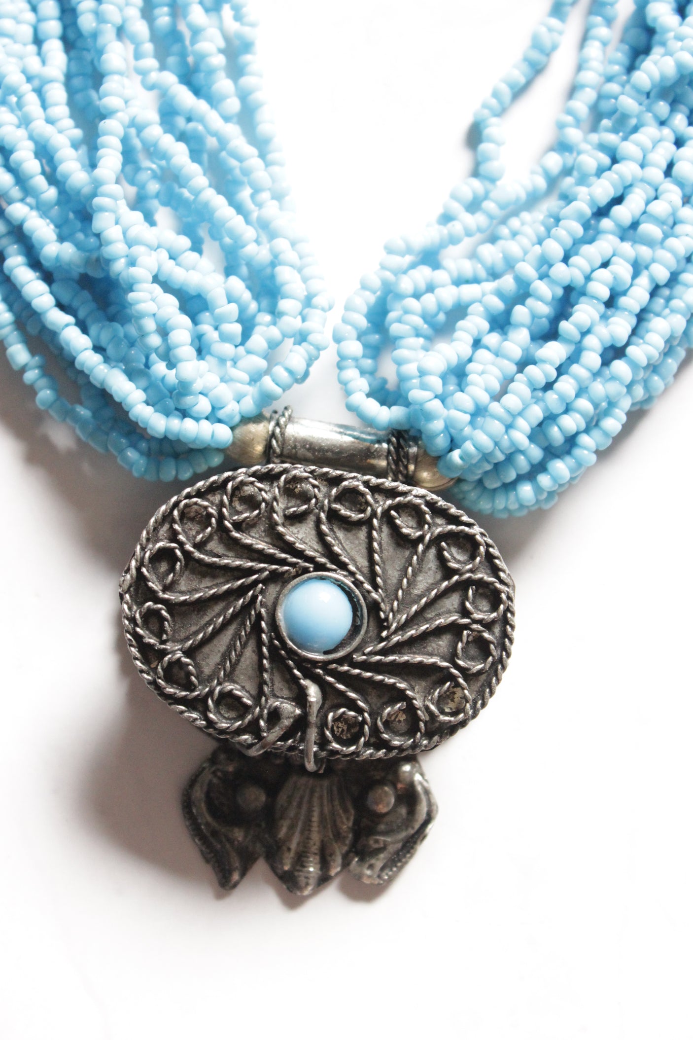 Blue Beads Hand Braided Multi Layer Necklace with Oxidised Finish Tribal Pendant
