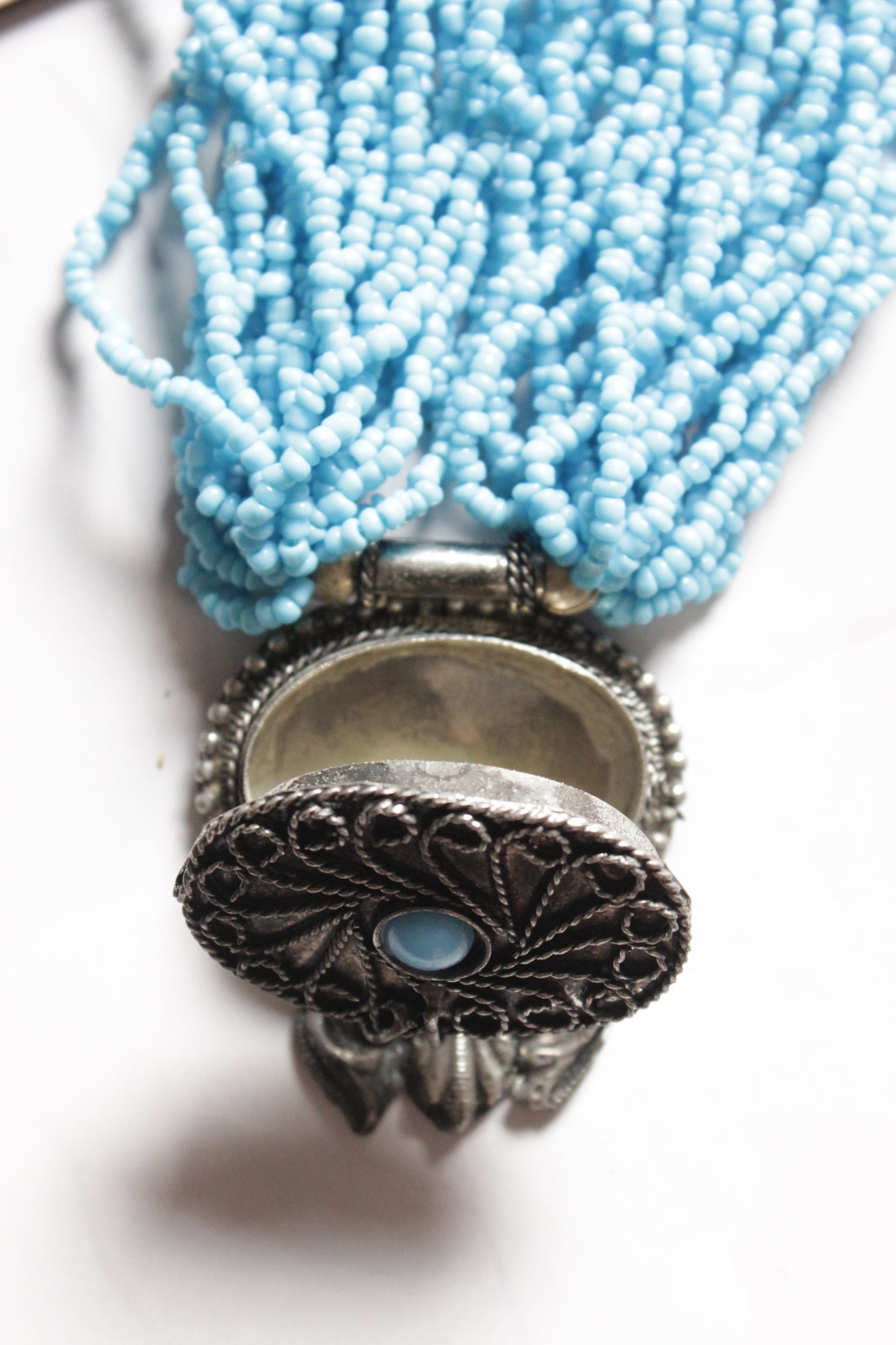 Blue Beads Hand Braided Multi Layer Necklace with Oxidised Finish Tribal Pendant