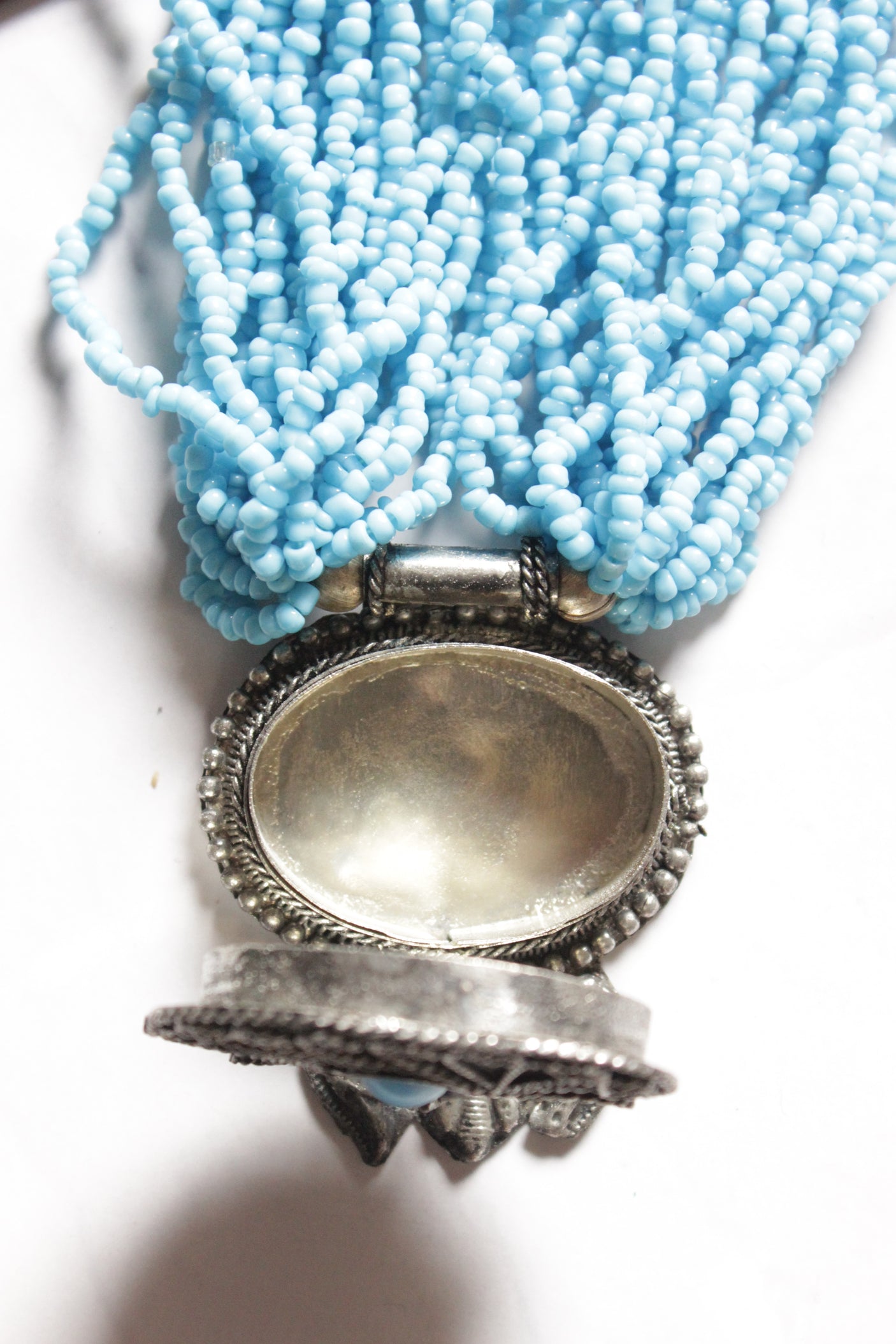 Blue Beads Hand Braided Multi Layer Necklace with Oxidised Finish Tribal Pendant