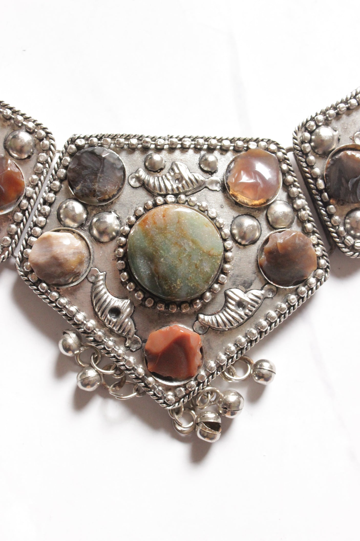 Raw Natural Gemstones Embedded Silver Finish Hasli Style Tribal Necklace