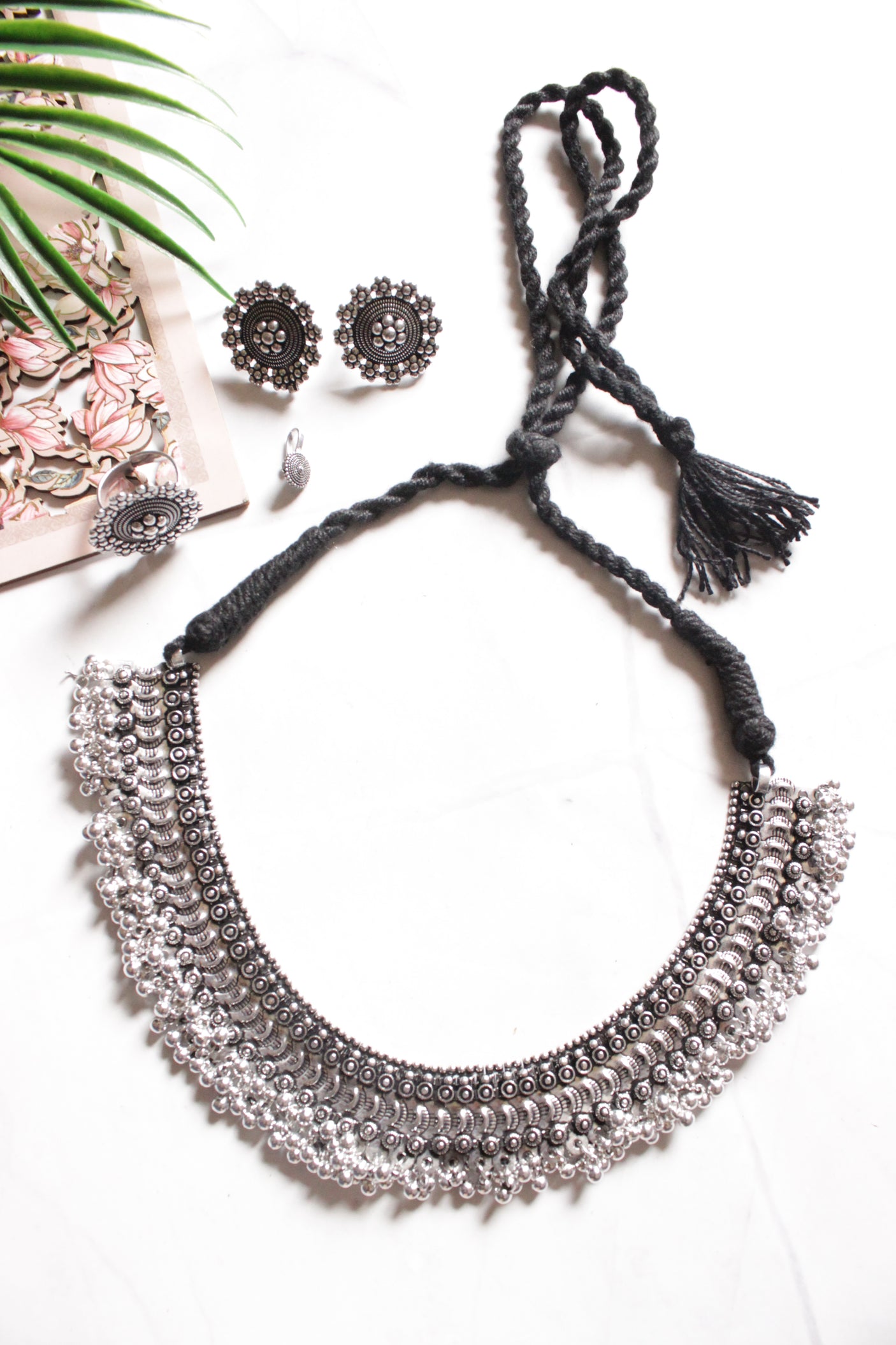 Set of 4: Oxidised Finish Necklace, Earrings, Ring and Nosepin