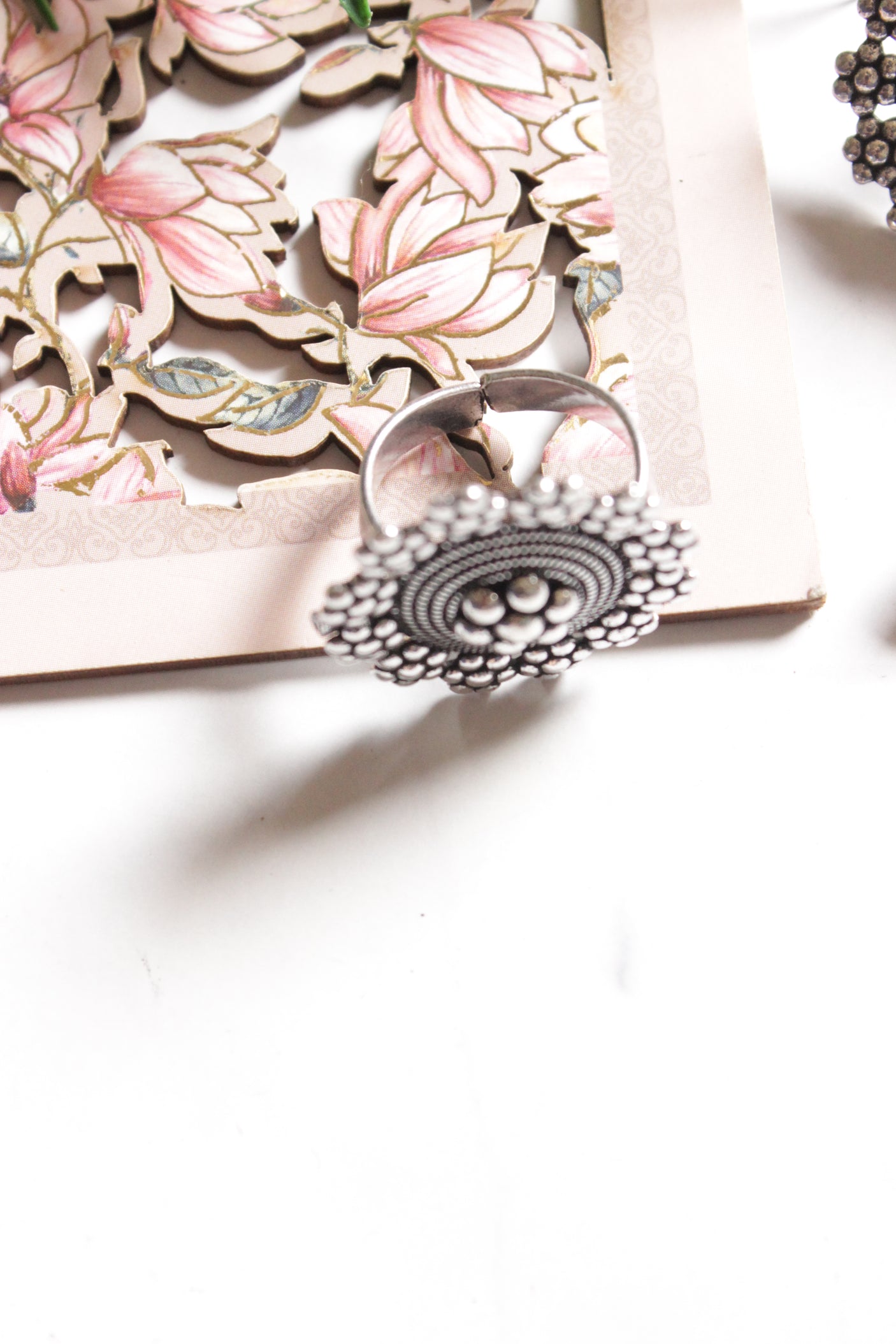 Set of 4: Oxidised Finish Necklace, Earrings, Ring and Nosepin