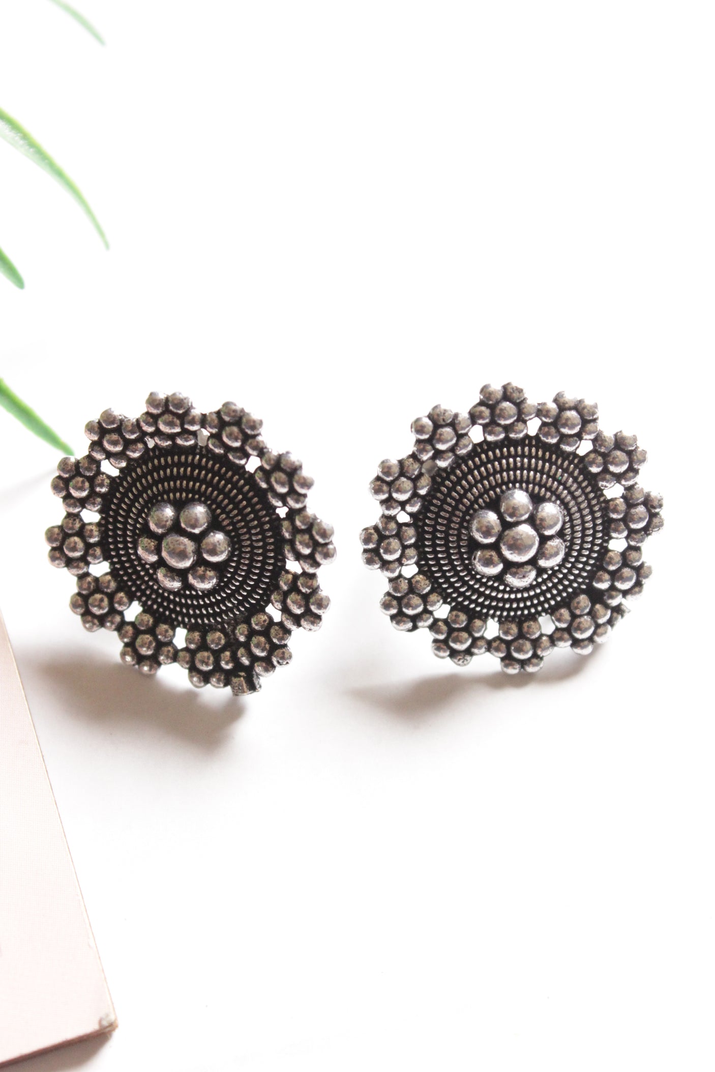 Set of 4: Oxidised Finish Necklace, Earrings, Ring and Nosepin