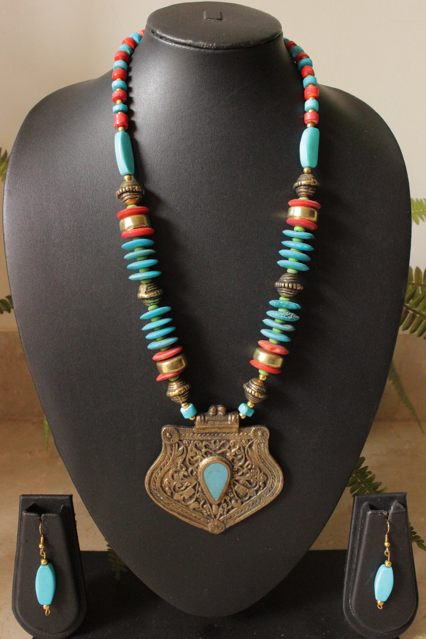 Bronze Finish Tribal Pendant Necklace Set with Blue and Red Braided Beads