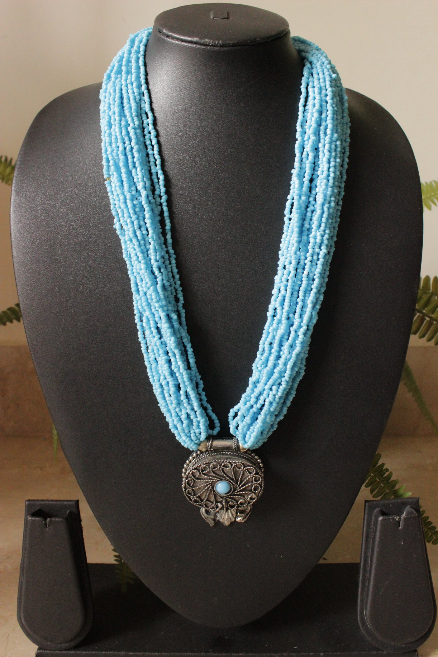 Blue Beads Hand Braided Multi Layer Necklace with Oxidised Finish Tribal Pendant