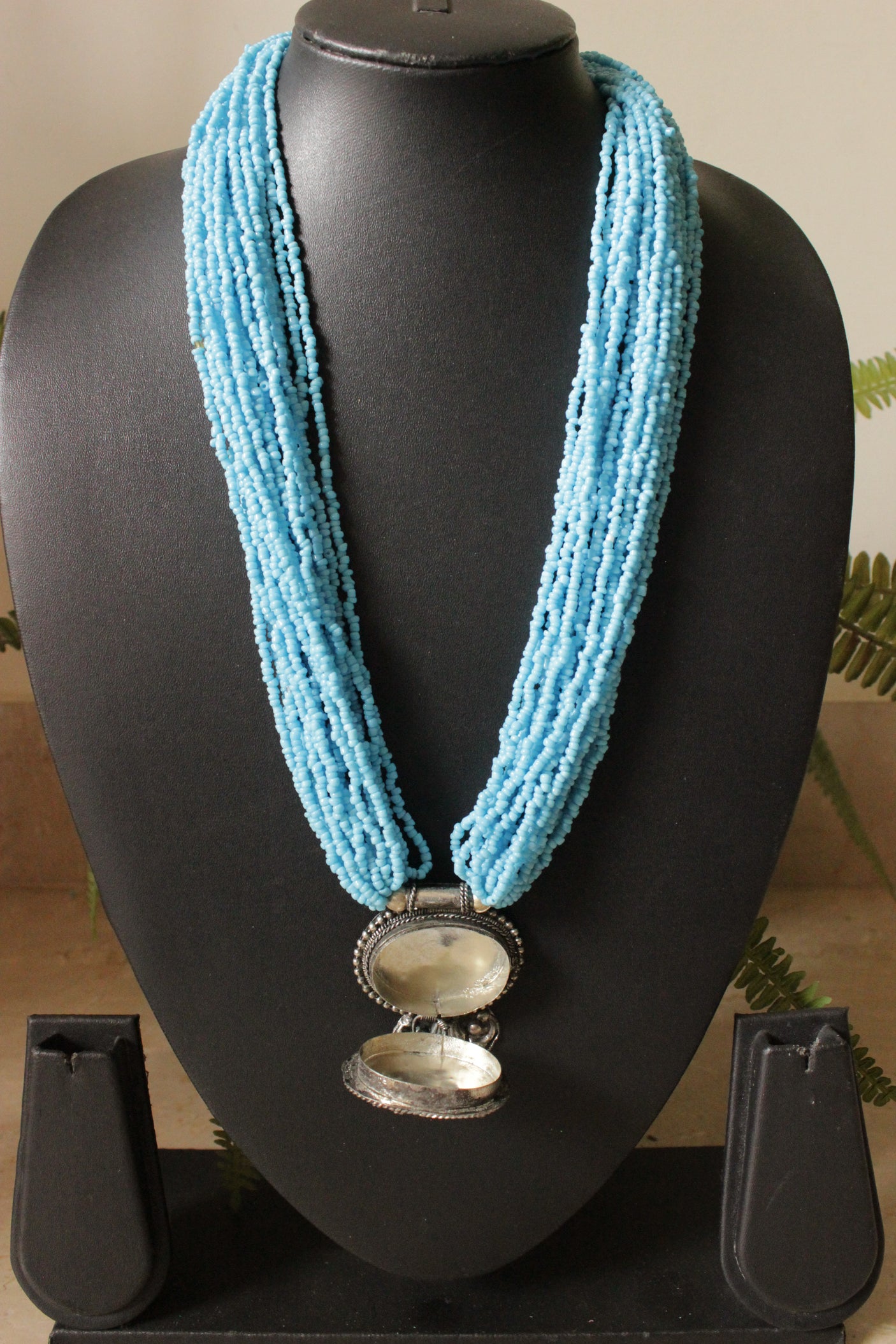 Blue Beads Hand Braided Multi Layer Necklace with Oxidised Finish Tribal Pendant