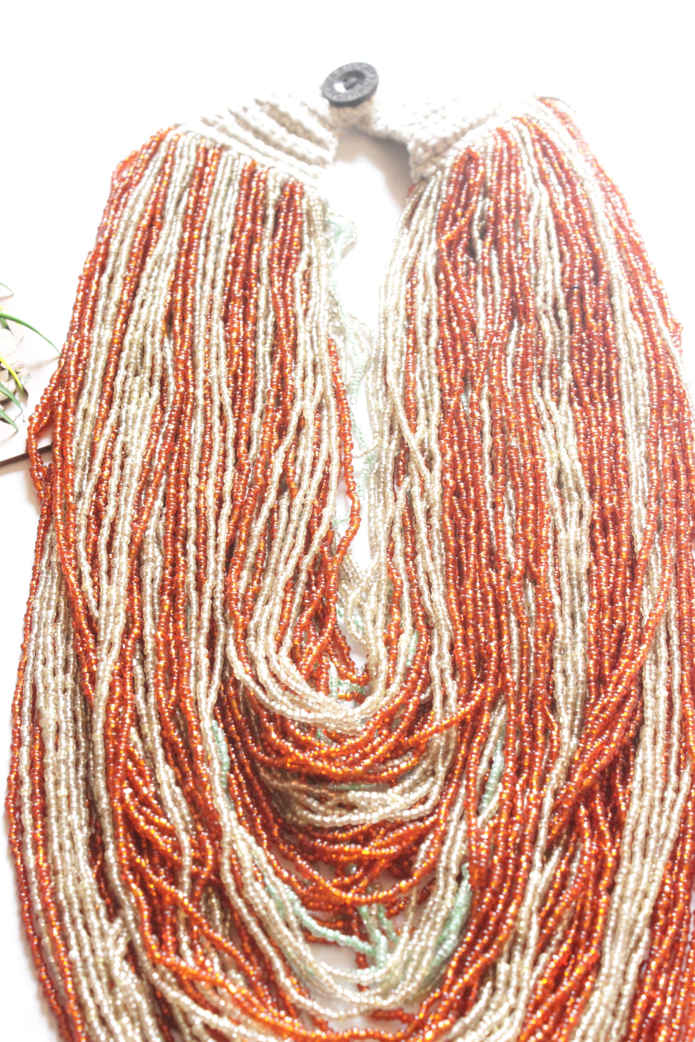 Orange and Ivory Multi-Layer Hand Braided Necklace with Button Closure