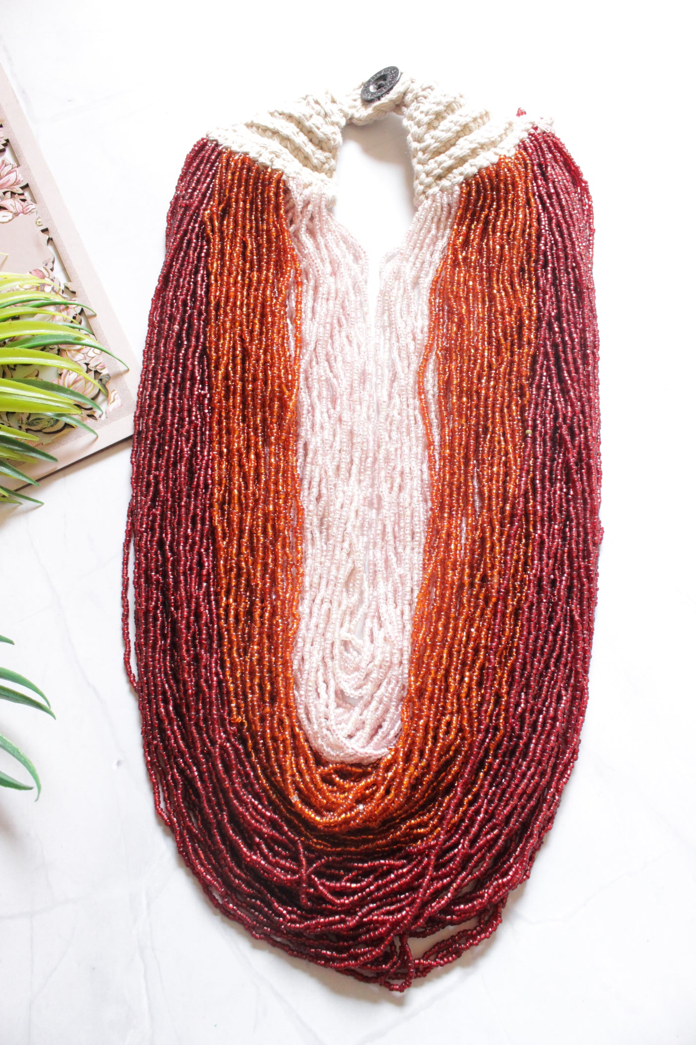 Maroon Orange and White Multi-Layer Hand Braided Necklace with Button Closure