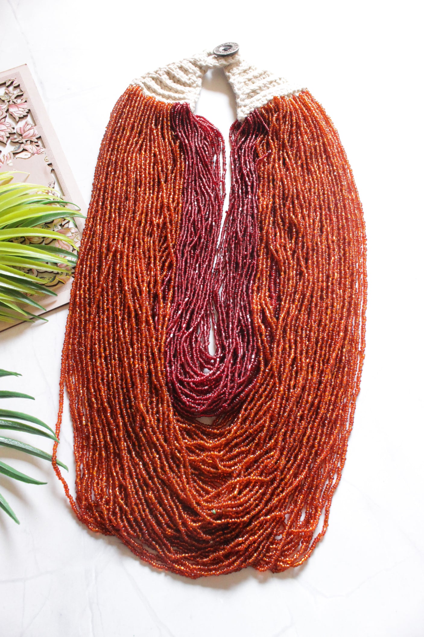 Orange and Maroon Multi-Layer Hand Braided Necklace with Button Closure