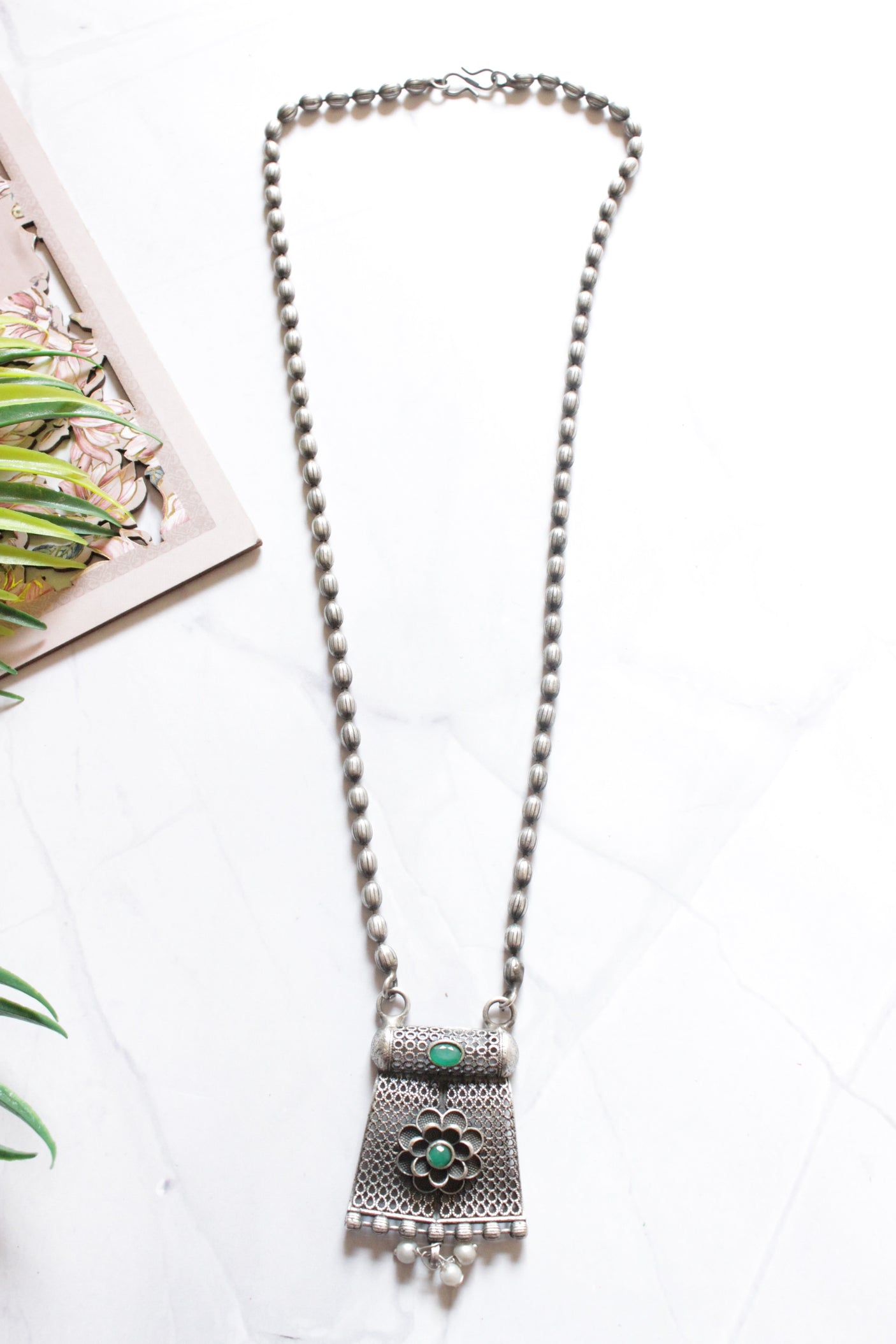Oxidised Finish Dholki Beads German Silver Necklace with Green Center Stone