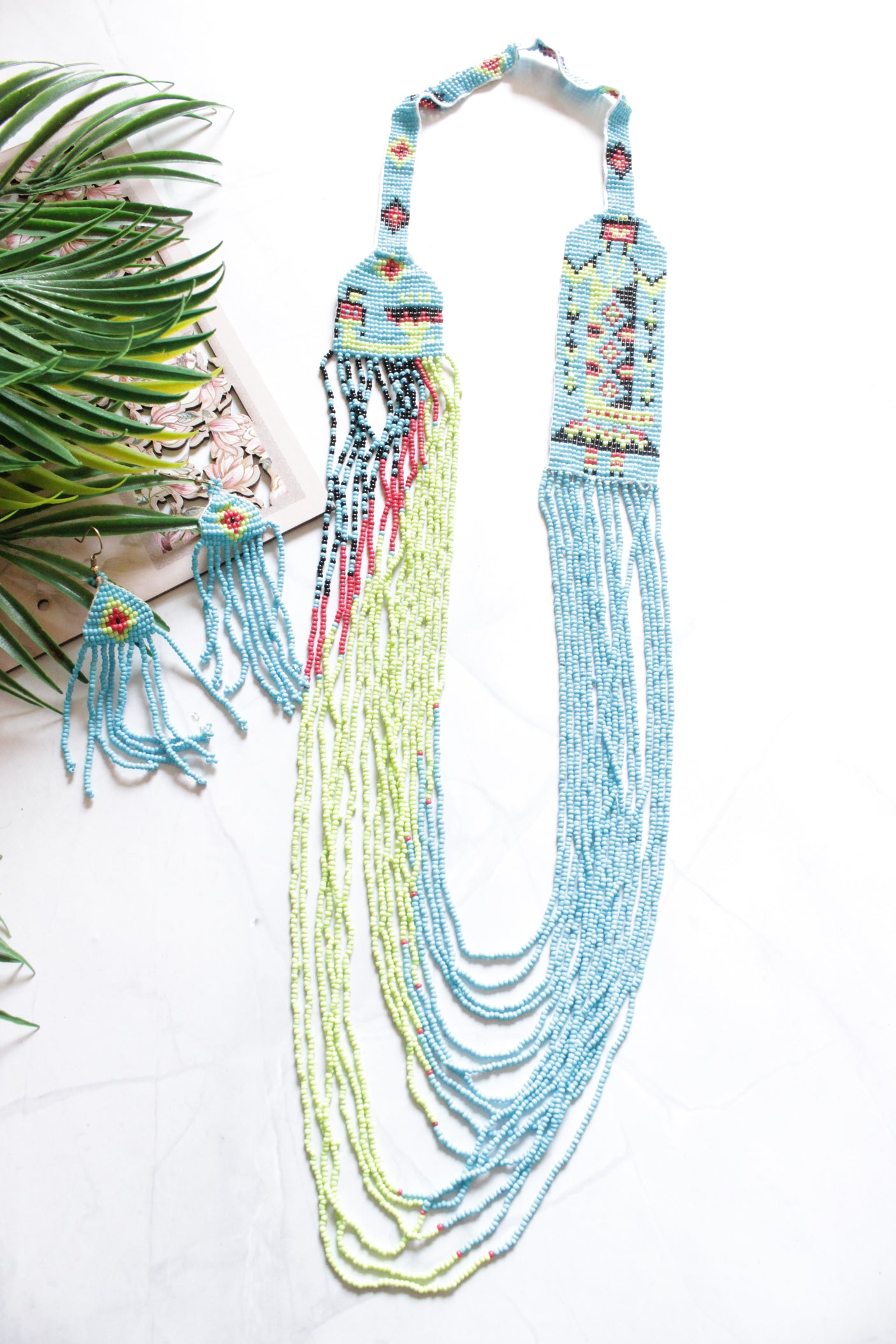 Blue and Green Handmade Beaded Necklace Set