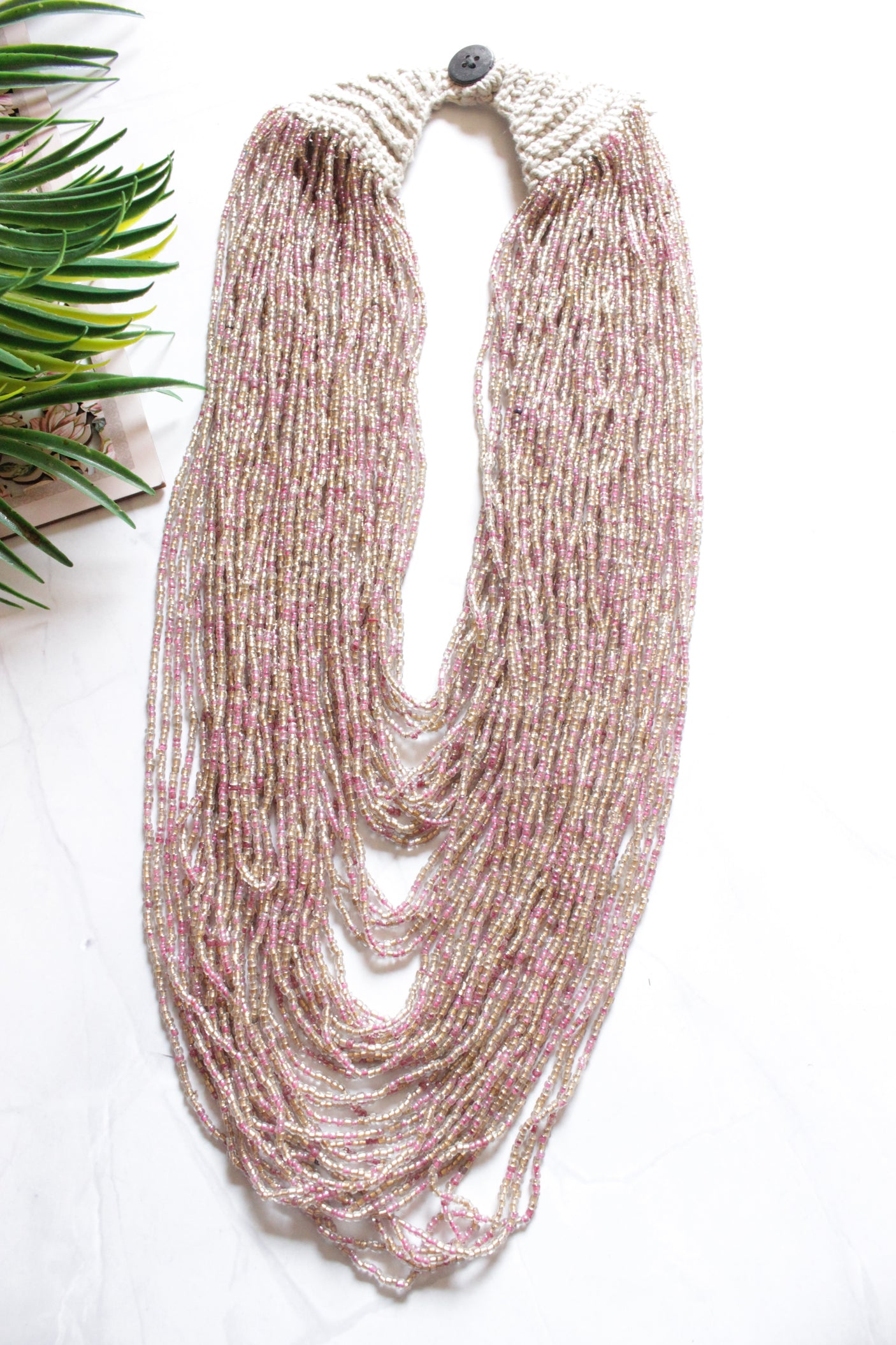 Muted White and Pink Multi Layer Handmade Beaded Necklace