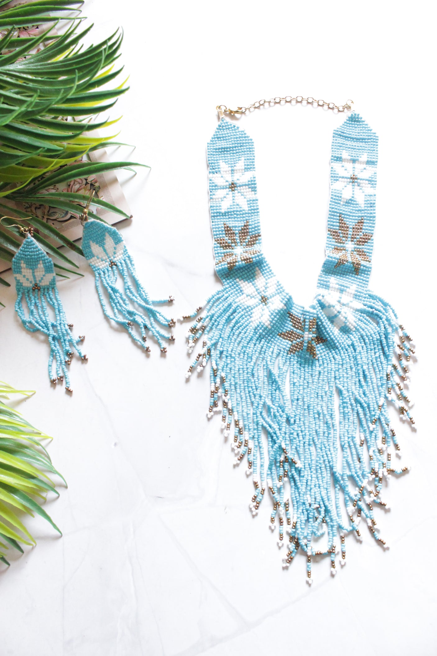 Sea Blue and Bronze Hand Braided Beads Collar Necklace