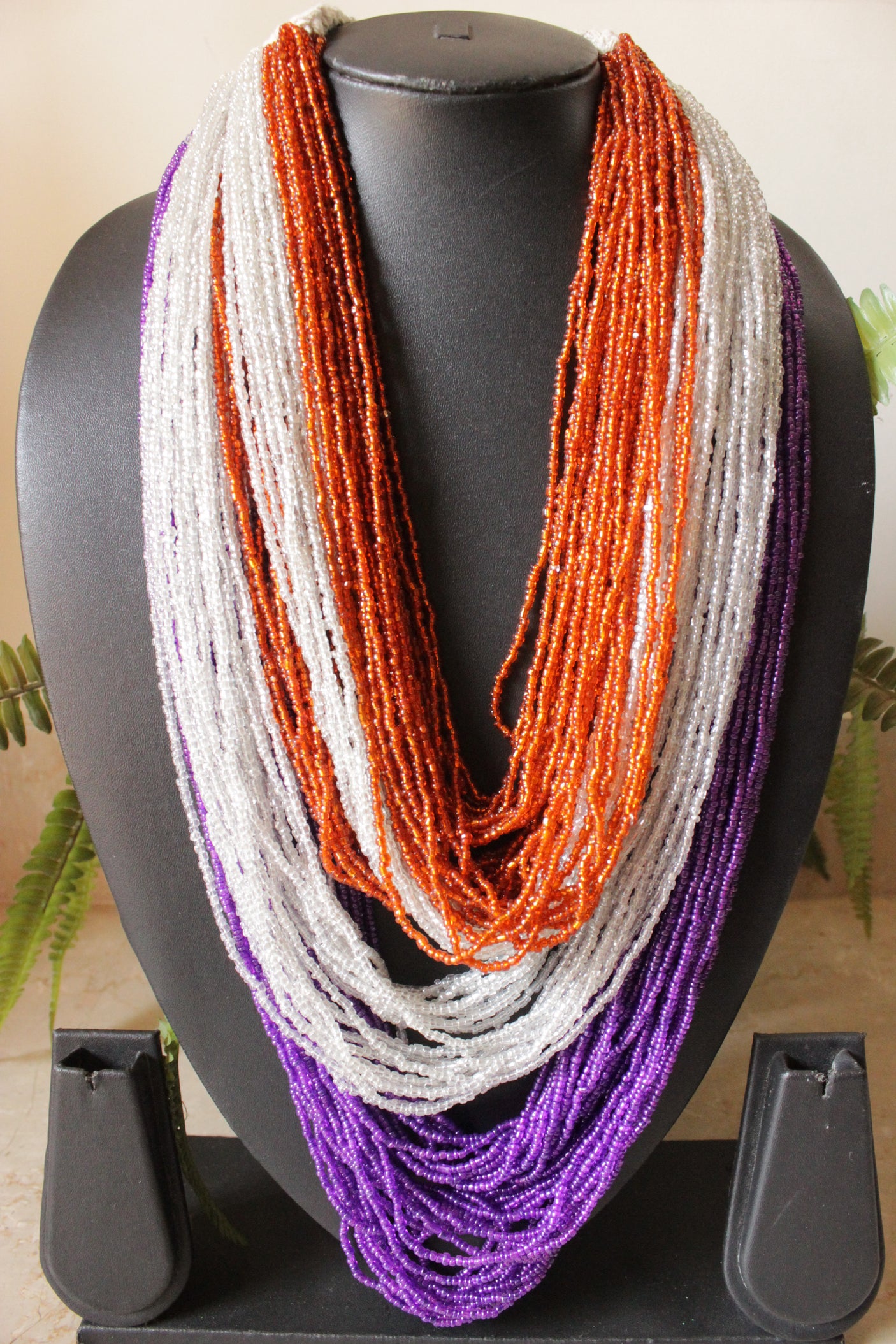 Purple Orange and White Multi-Layer Hand Braided Necklace with Button Closure