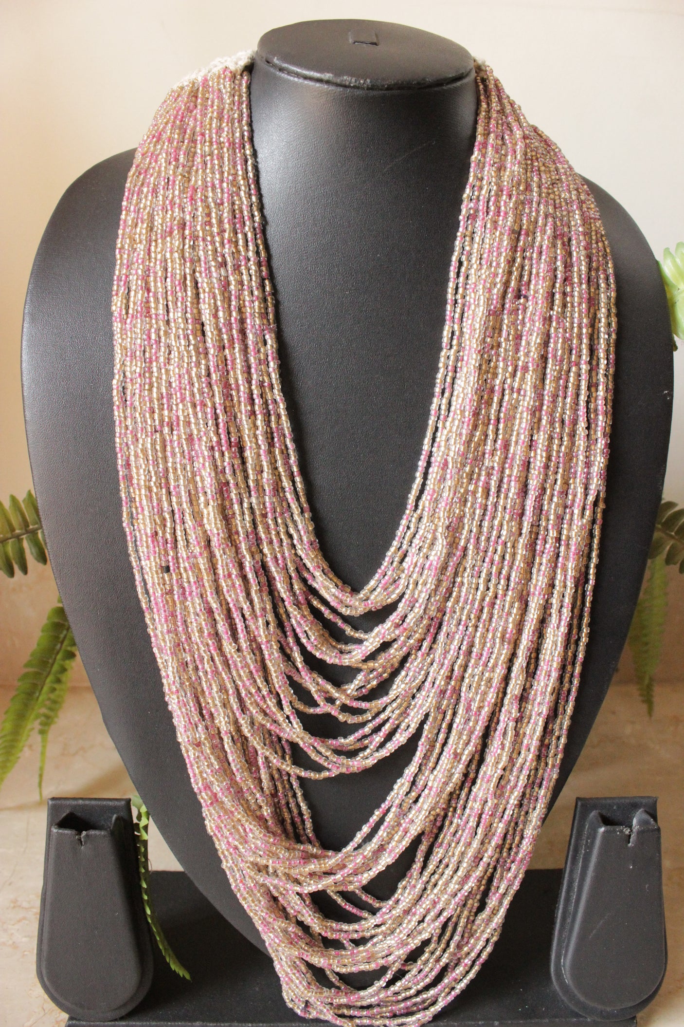 Muted White and Pink Multi Layer Handmade Beaded Necklace