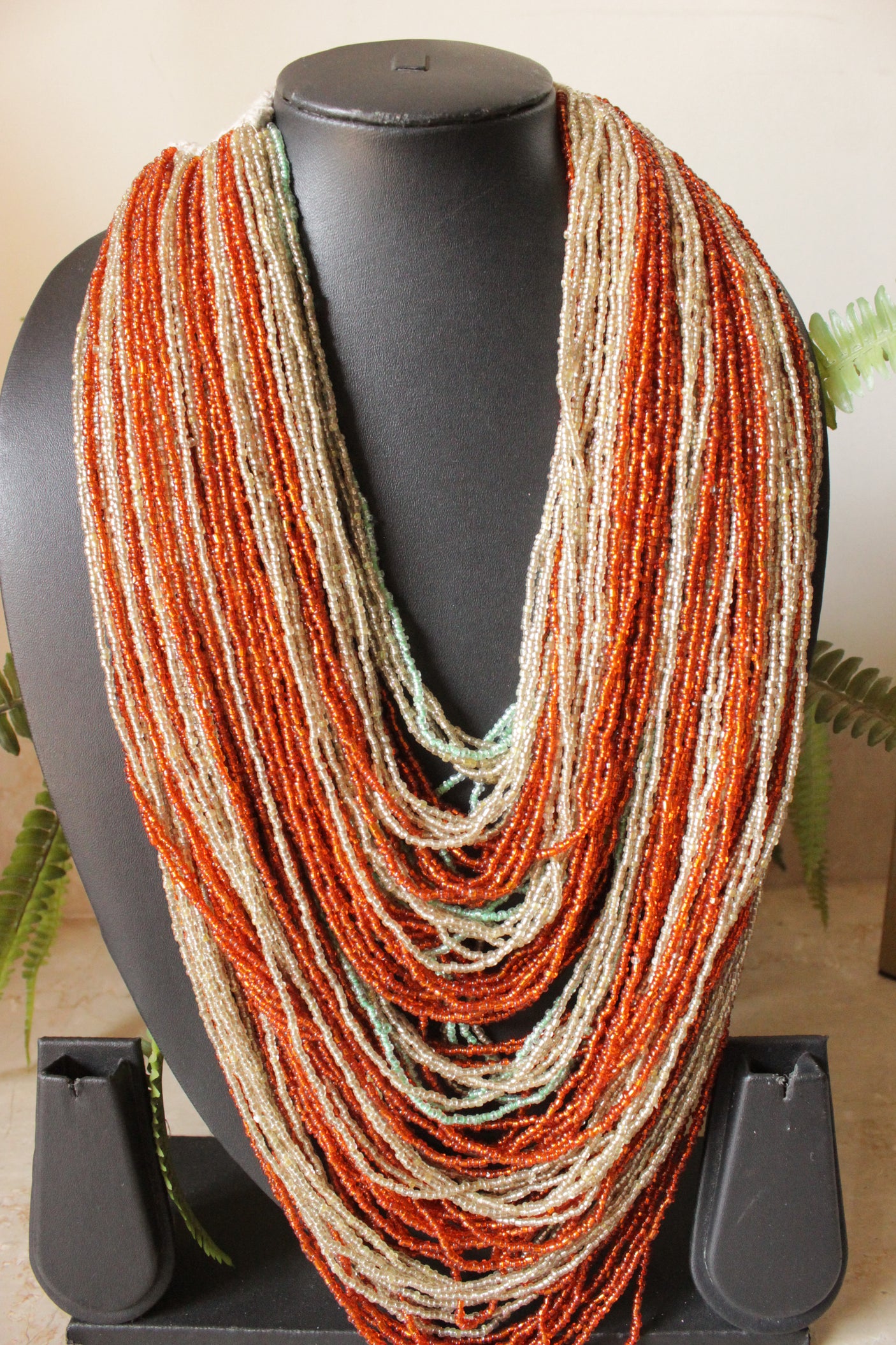 Orange and Ivory Multi-Layer Hand Braided Necklace with Button Closure