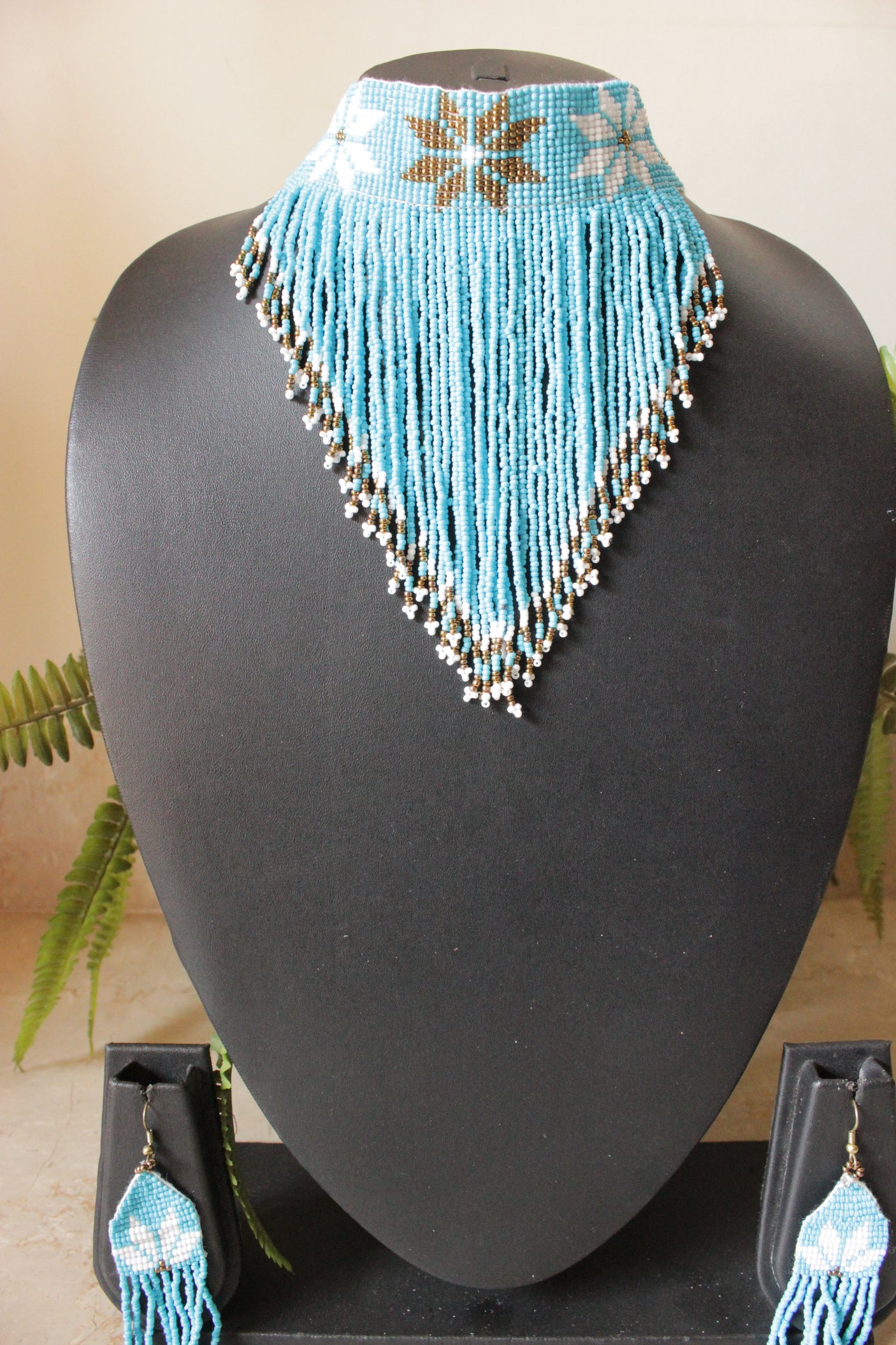 Sea Blue and Bronze Hand Braided Beads Collar Necklace