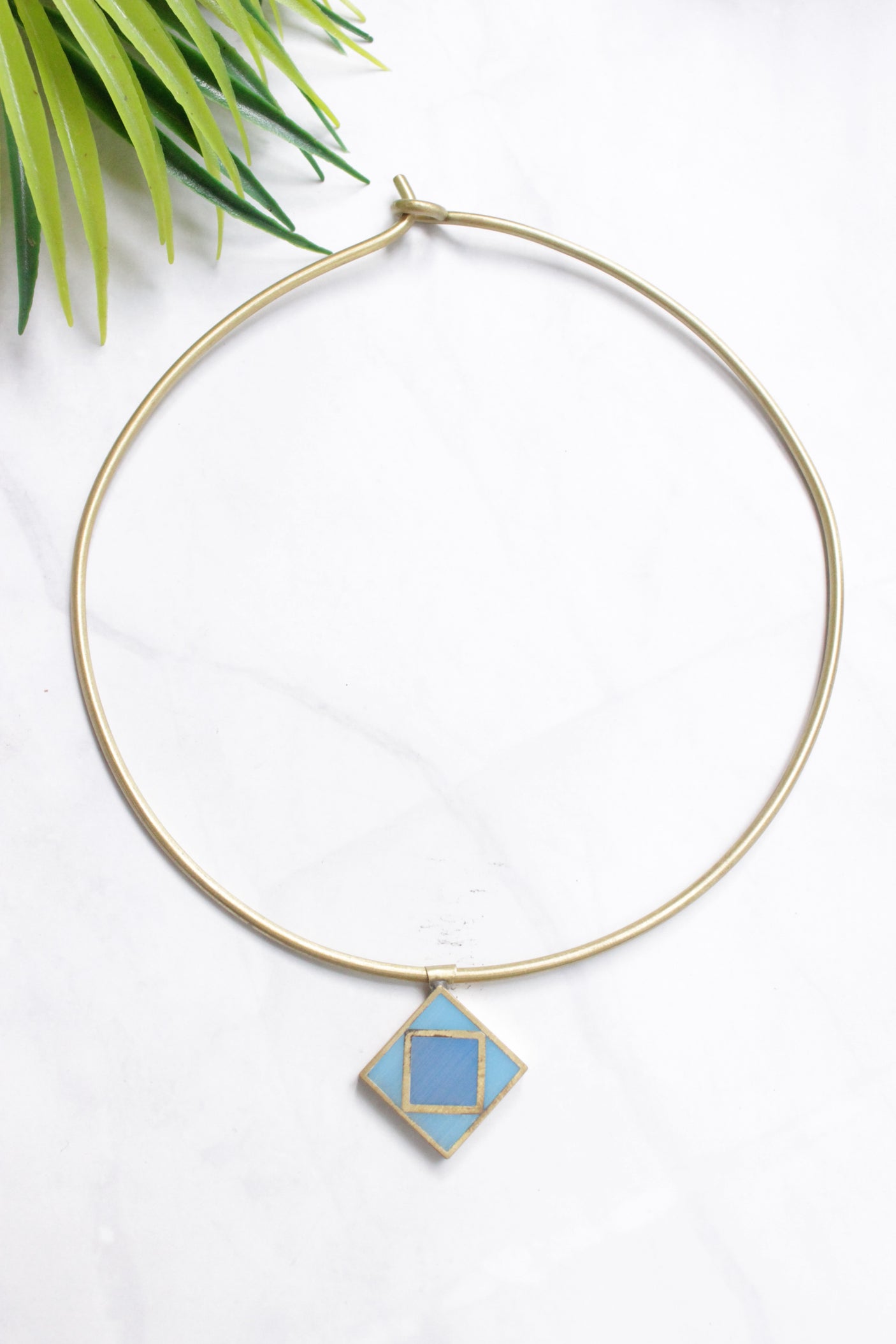 Gold Finish Metal Hasli with a Petite Wooden Blue Hand Painted Pendant