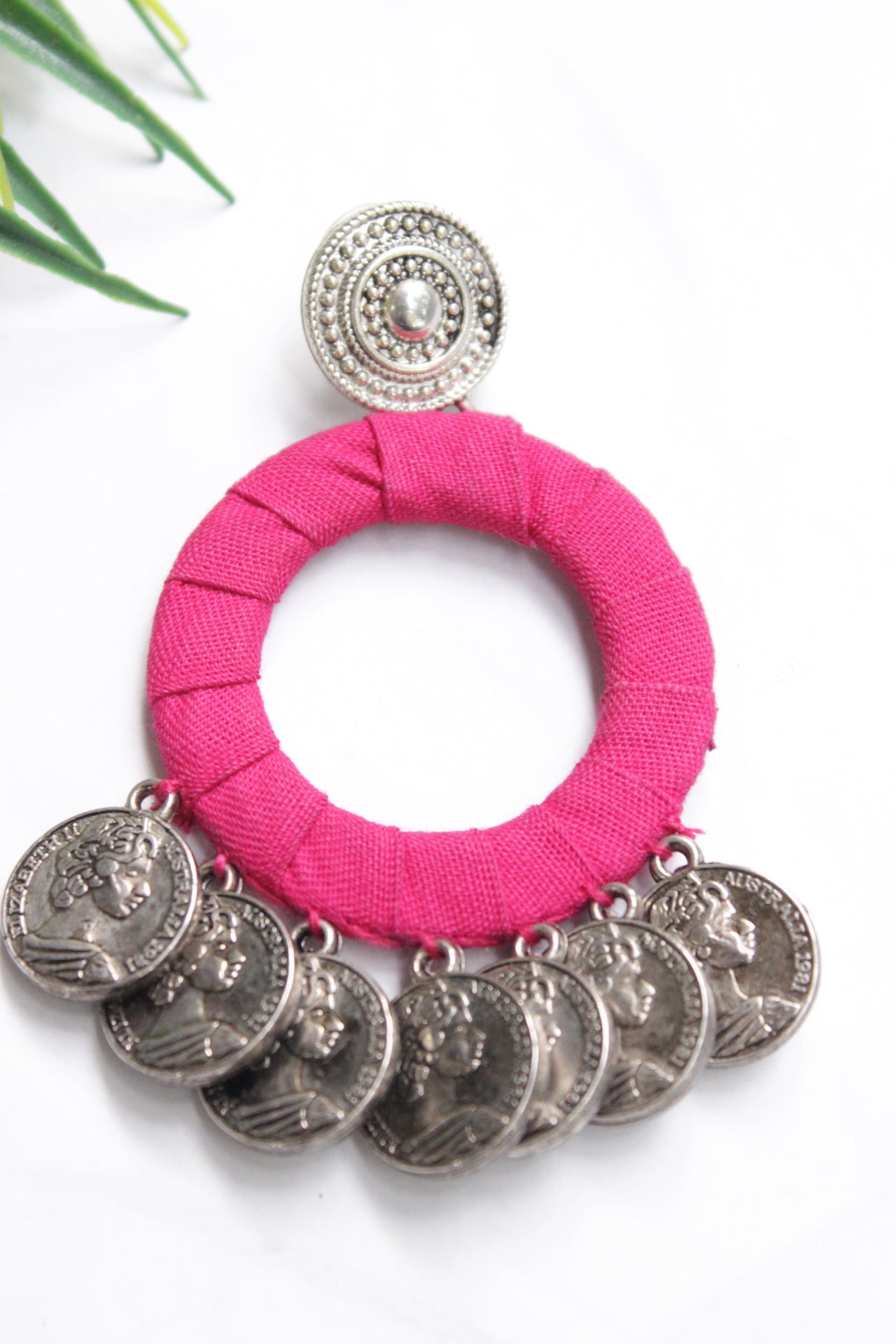 Stamped Metal Charms Embellished Fuchsia Fabric Earrings
