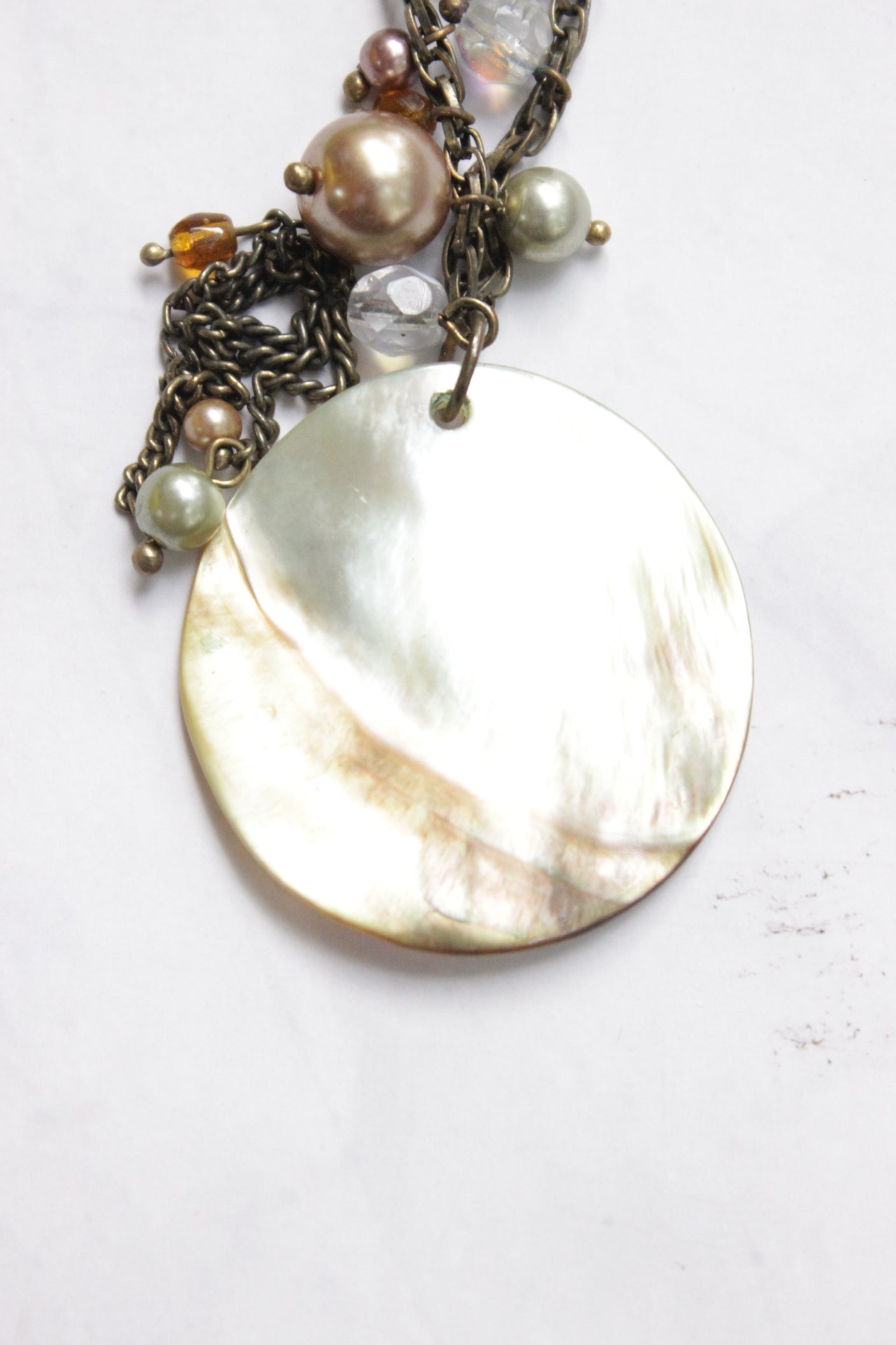 Circular Ivory Ceramic Pendant Long Chain Necklace