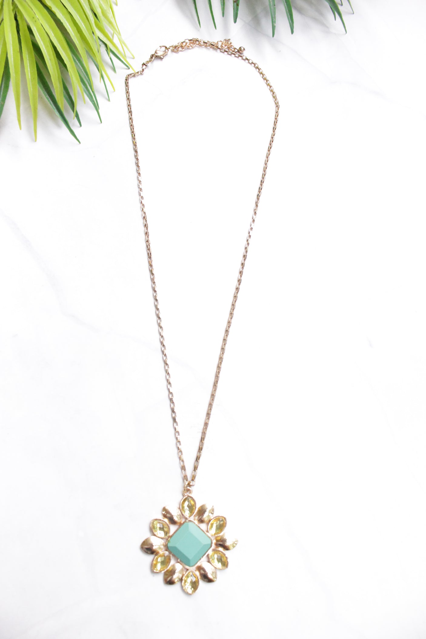 Turquoise Centerpiece Gold Toned Long Chain Necklace