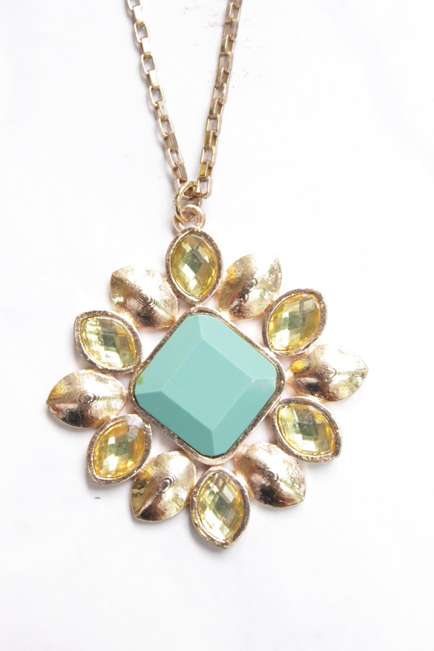 Turquoise Centerpiece Gold Toned Long Chain Necklace