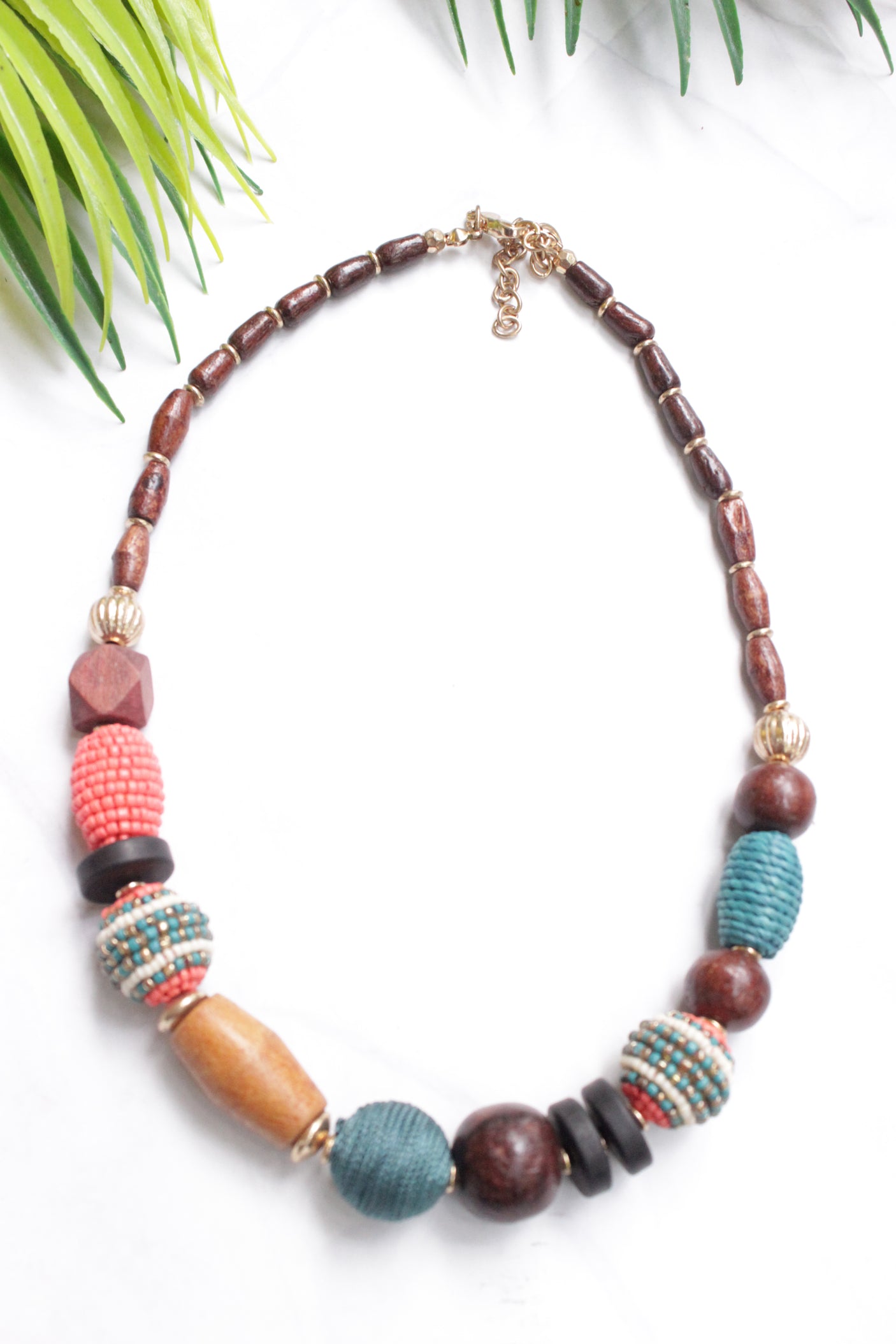 Abstract Shape Wooden Beads Hand Beaded Necklace