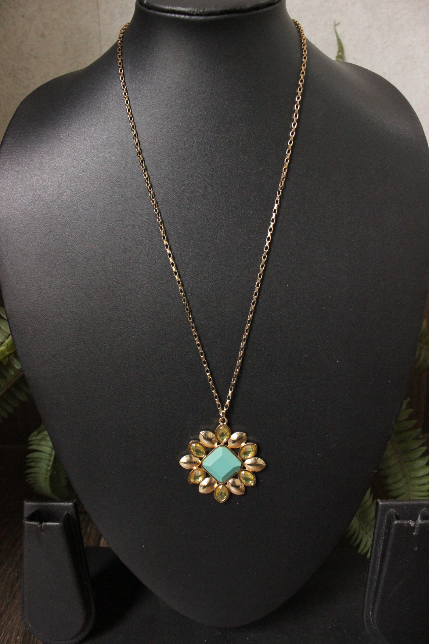 Turquoise Centerpiece Gold Toned Long Chain Necklace