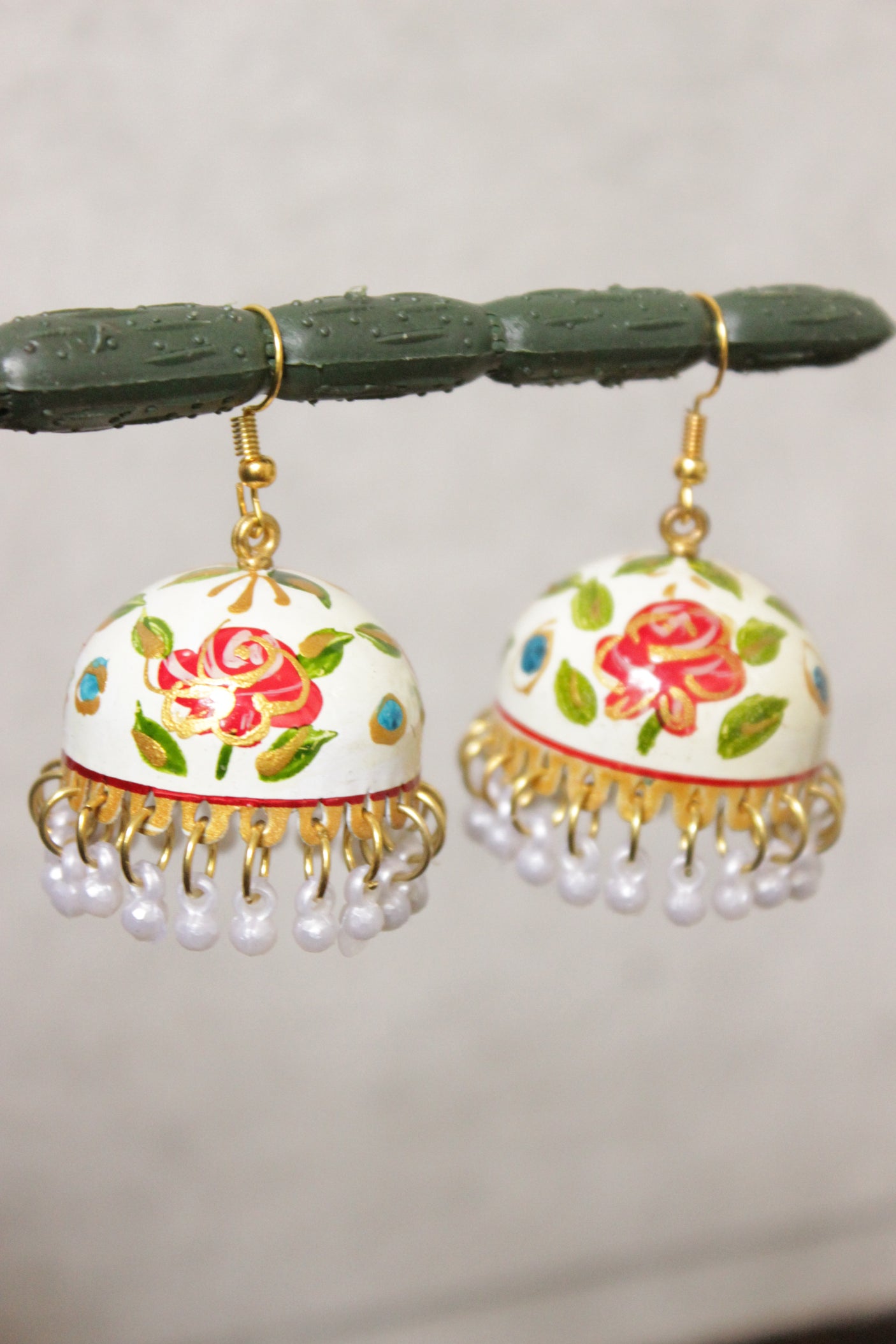 Hand Painted Flowers Meenakari Work Jhumka Earrings with Hints of Gold