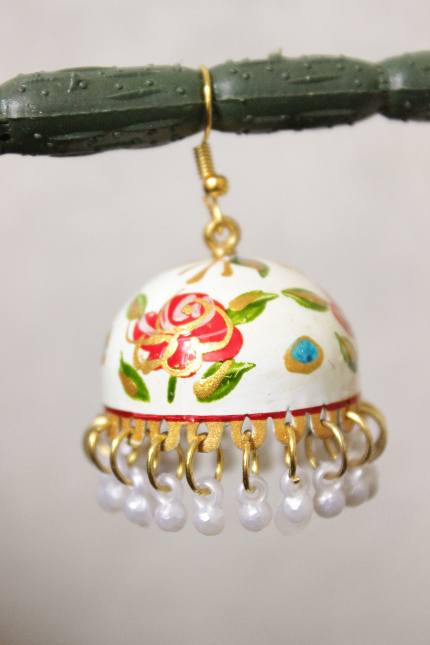 Hand Painted Flowers Meenakari Work Jhumka Earrings with Hints of Gold