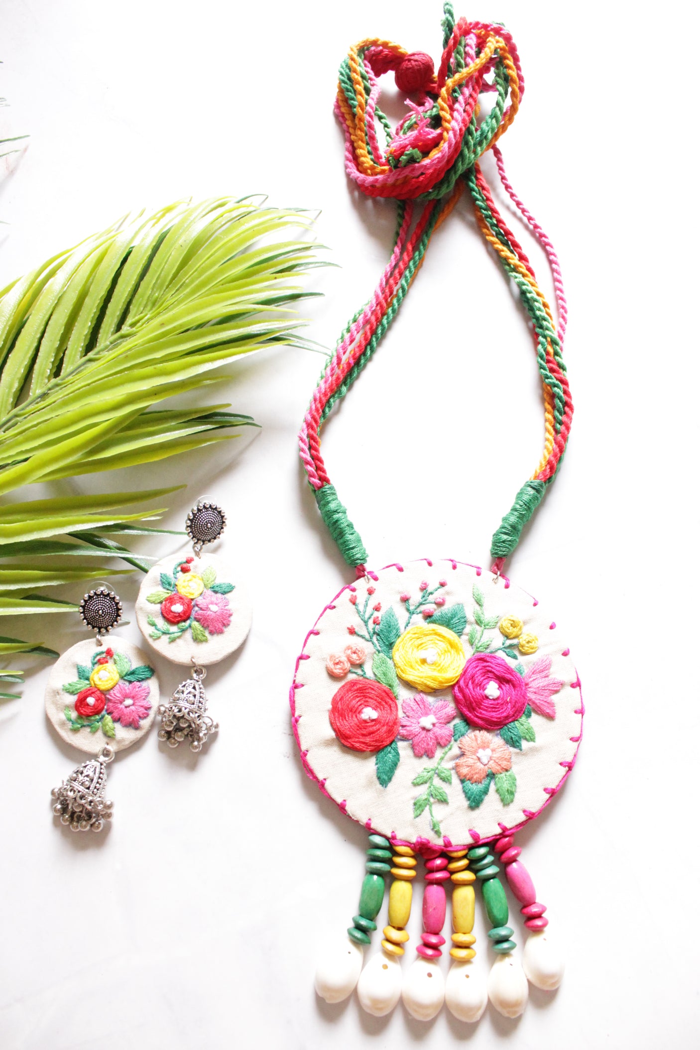 Hand Stitched Flowers Vibrant Handmade Fabric Necklace Set with Multi-Color Wooden Beads with Adjustable Closure