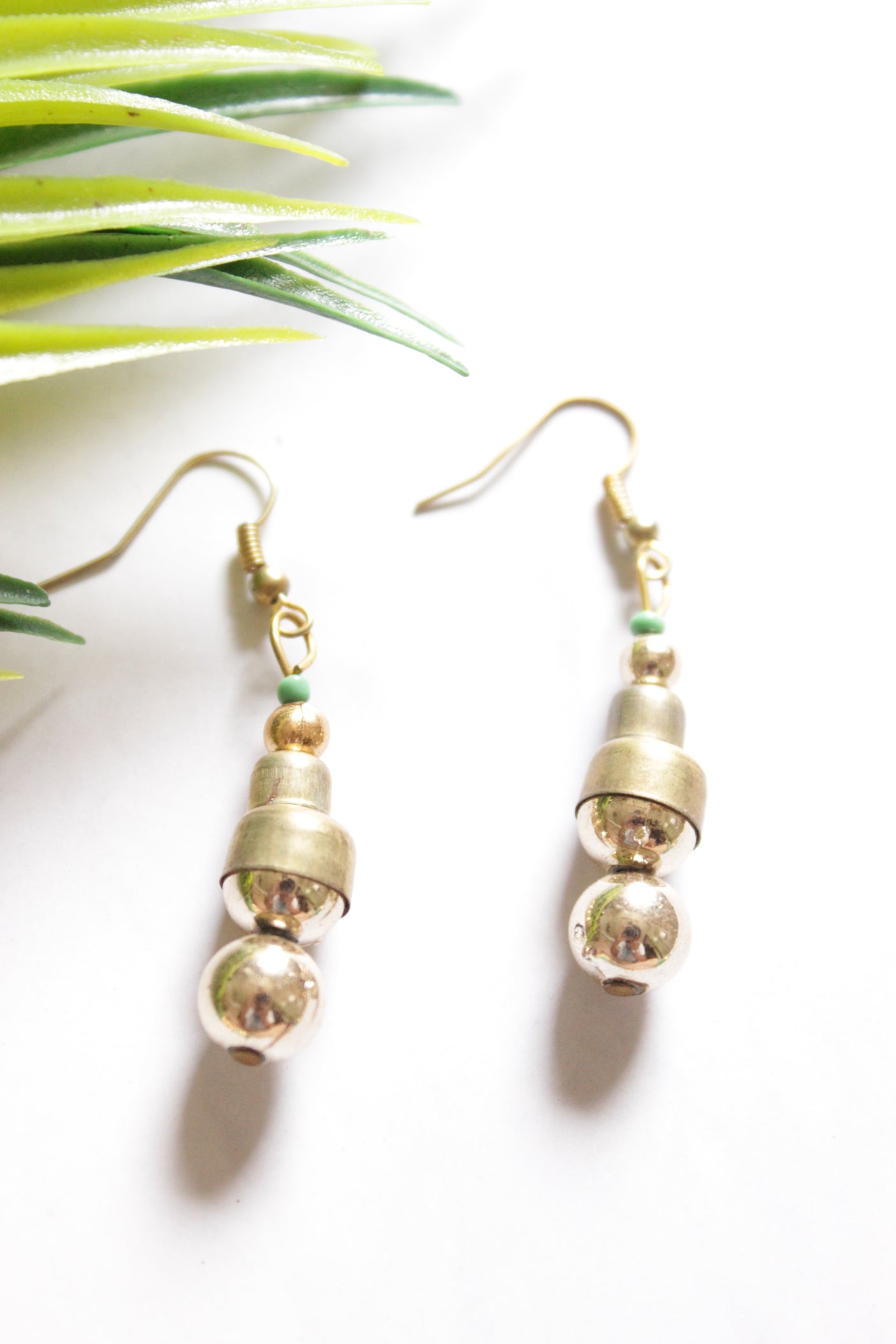 Set of 3 - Necklace, Earrings and Bracelet Sea Green Hand Braided Beads with Gold Accents