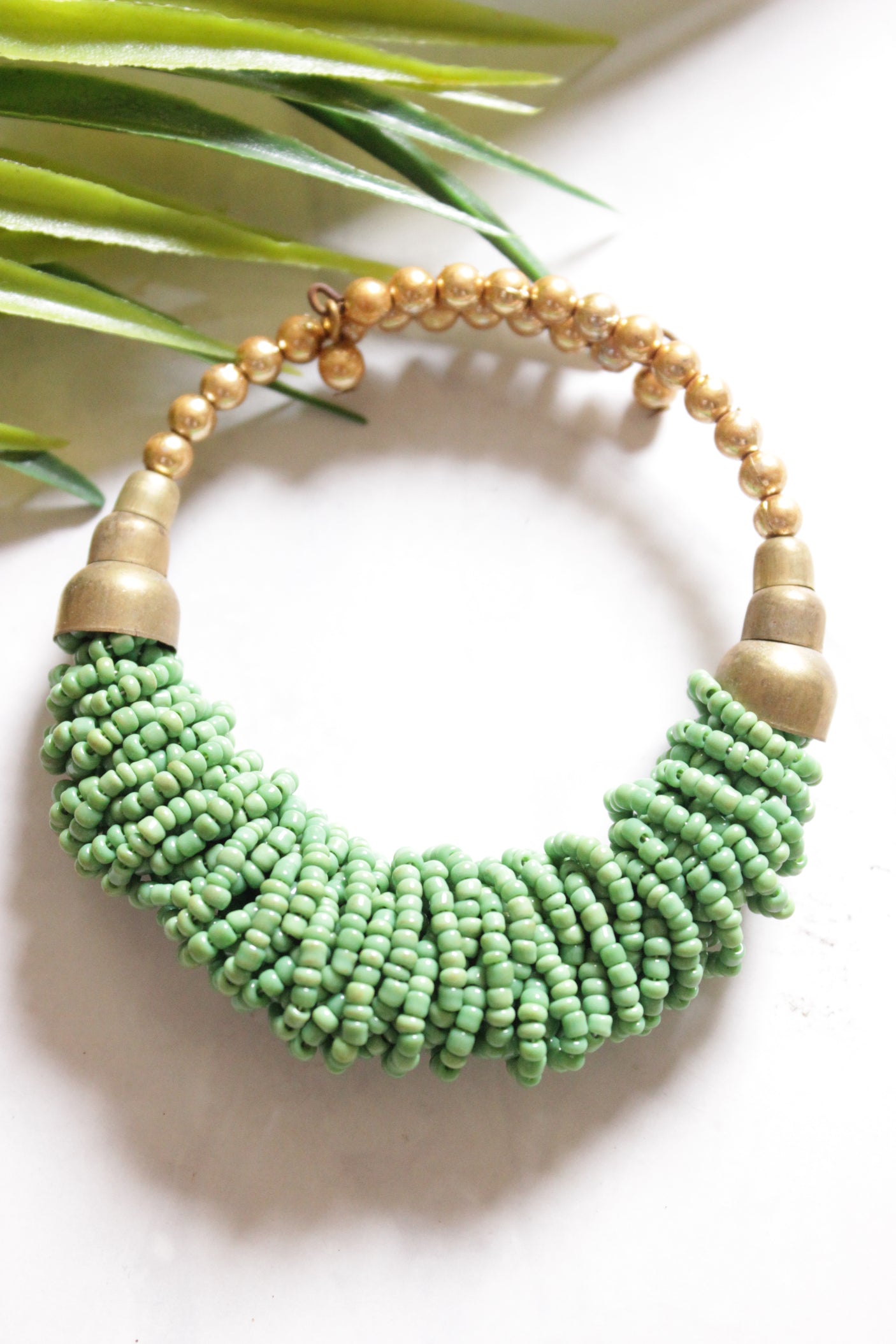 Set of 3 - Necklace, Earrings and Bracelet Sea Green Hand Braided Beads with Gold Accents