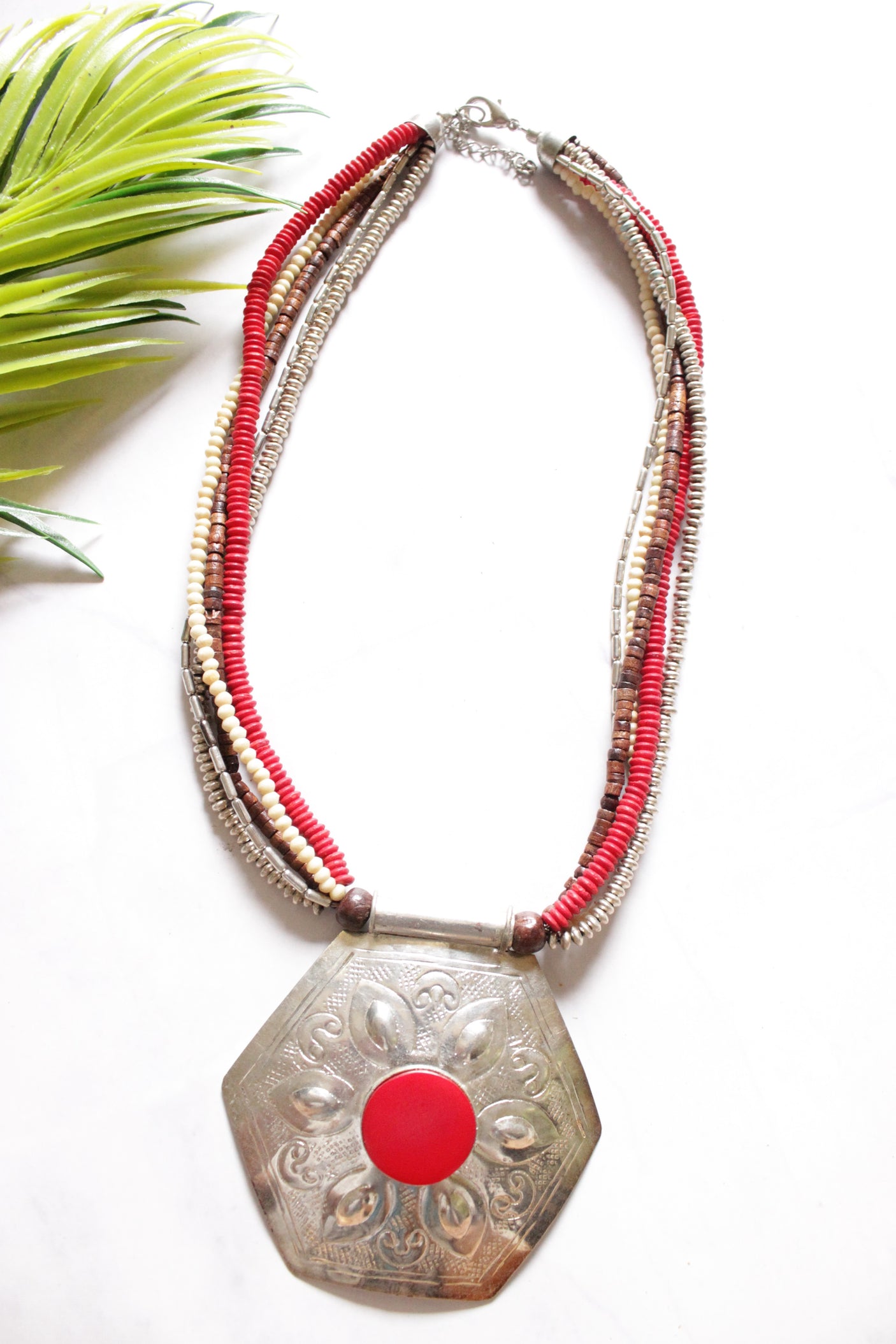 Hand Braided Wooden Beads with Statement Silver Finish Metal Necklace