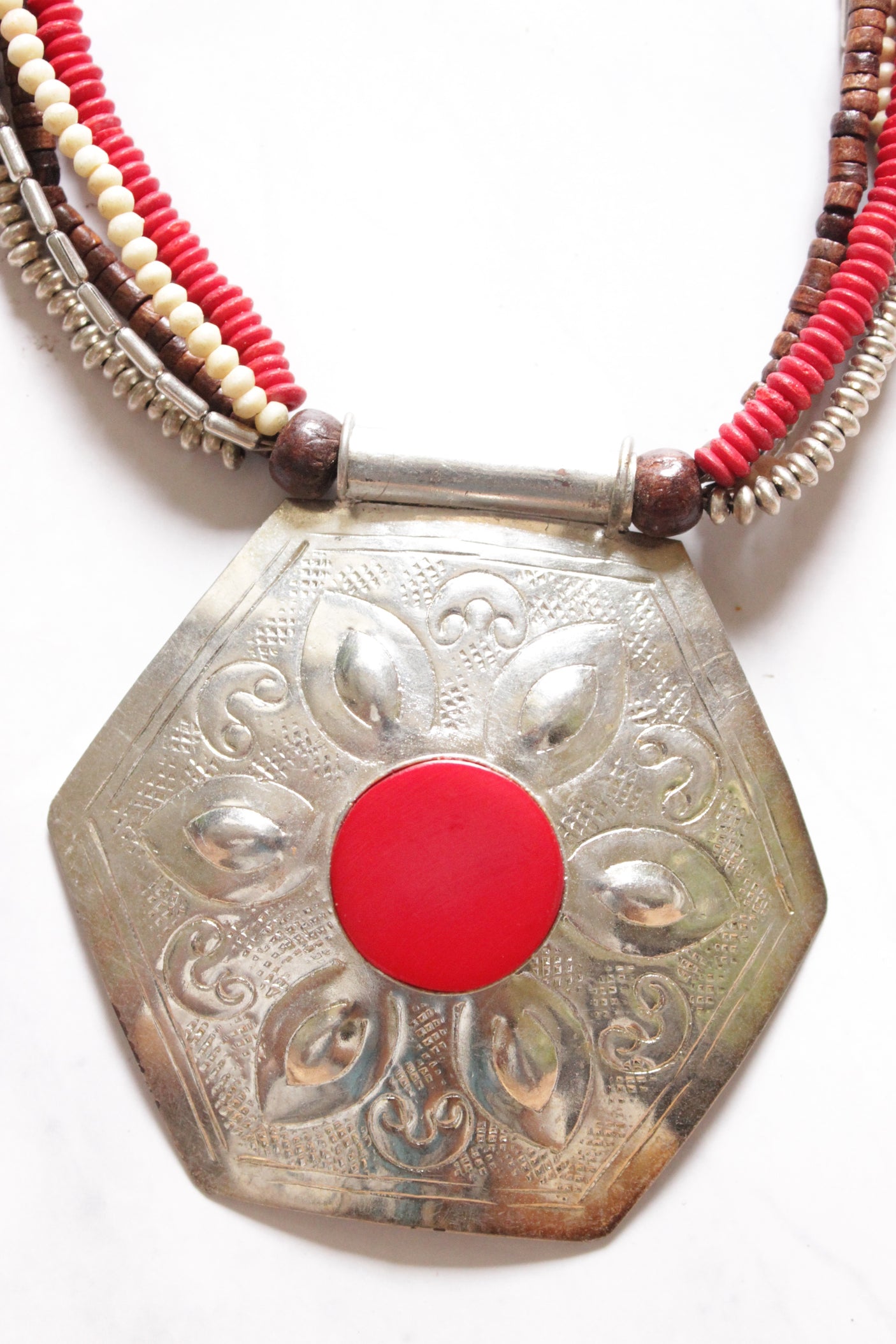 Hand Braided Wooden Beads with Statement Silver Finish Metal Necklace